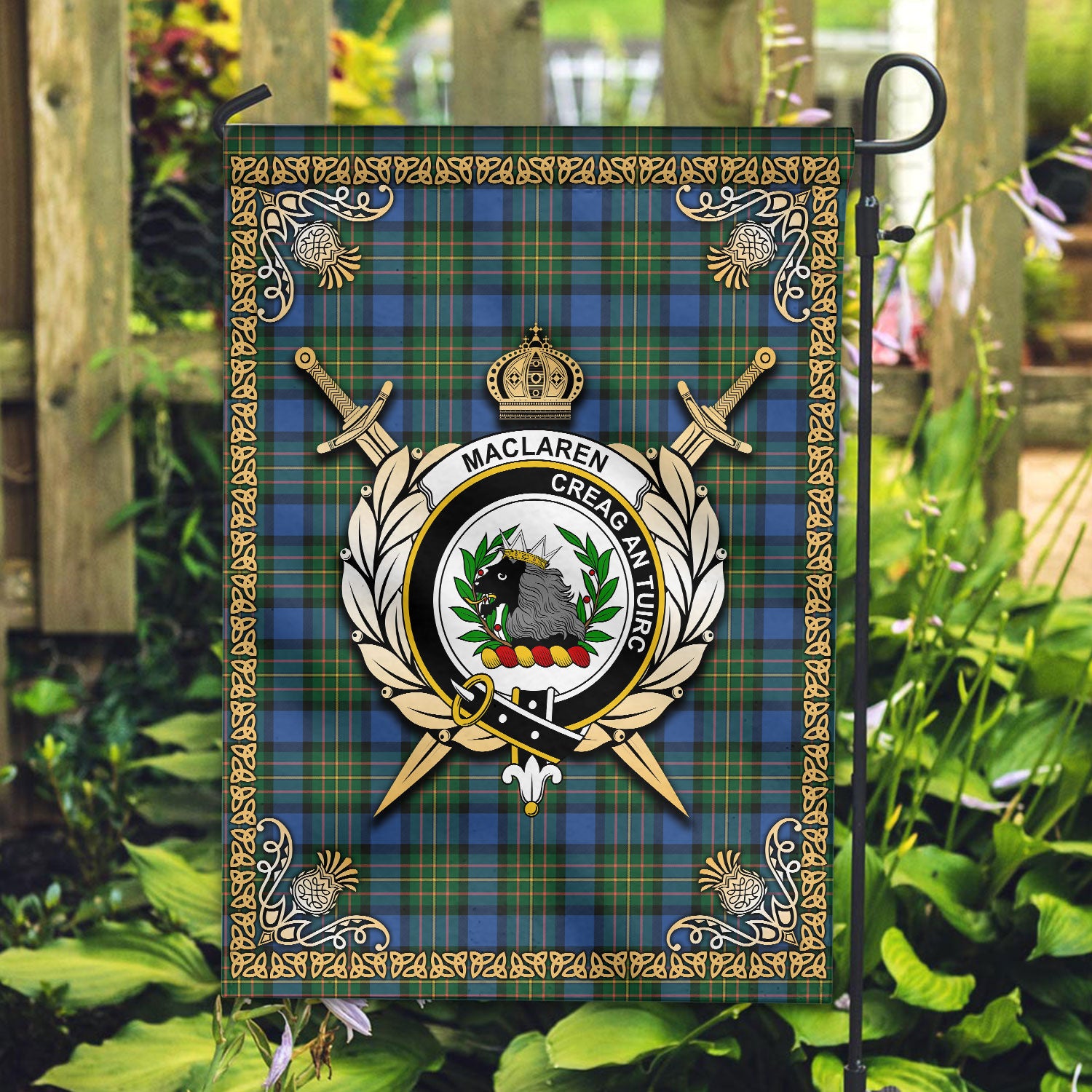 MacLaren Ancient Tartan Crest Garden Flag - Celtic Thistle Style