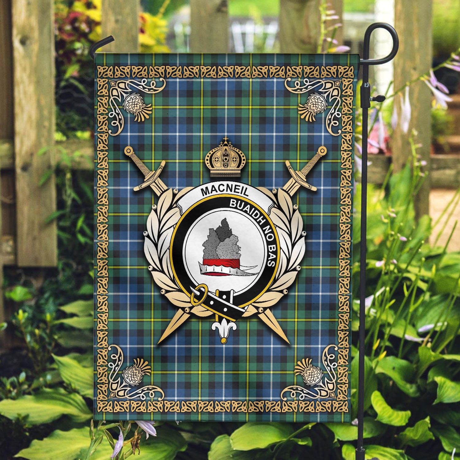 MacNeill of Barra Ancient Tartan Crest Garden Flag - Celtic Thistle Style