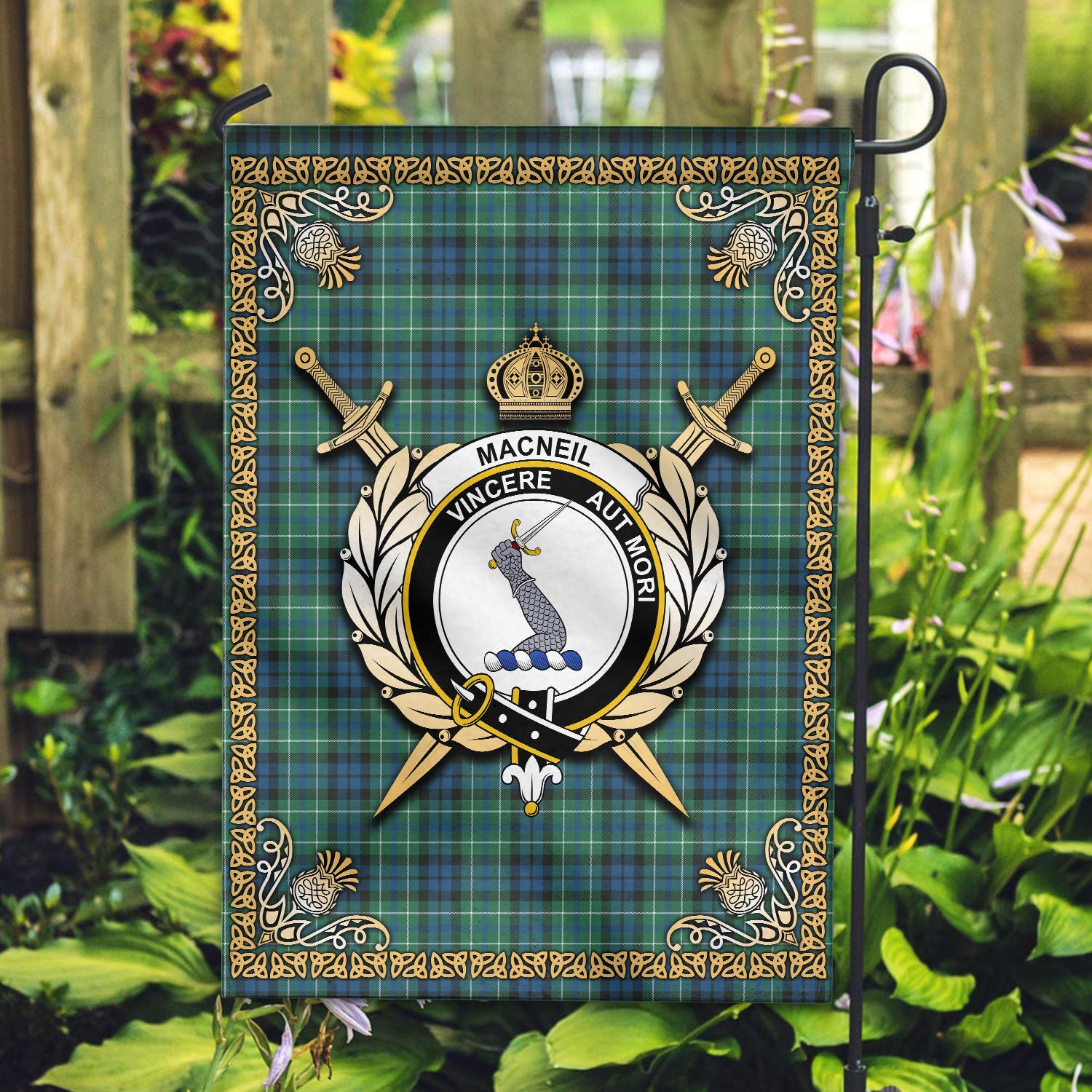 MacNeill of Colonsay Ancient Tartan Crest Garden Flag - Celtic Thistle Style
