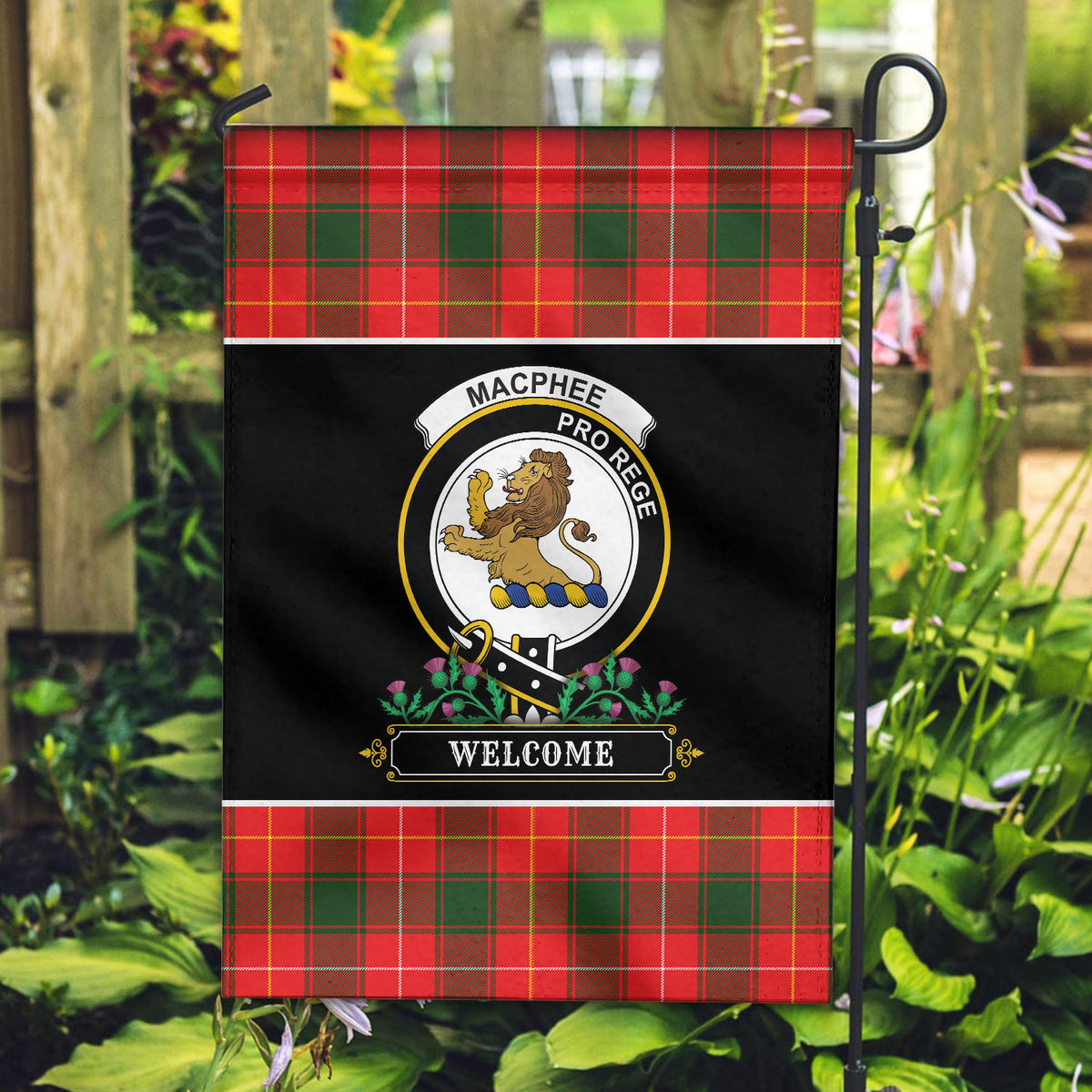 MacPhee Modern Tartan Crest Garden Flag - Welcome Style