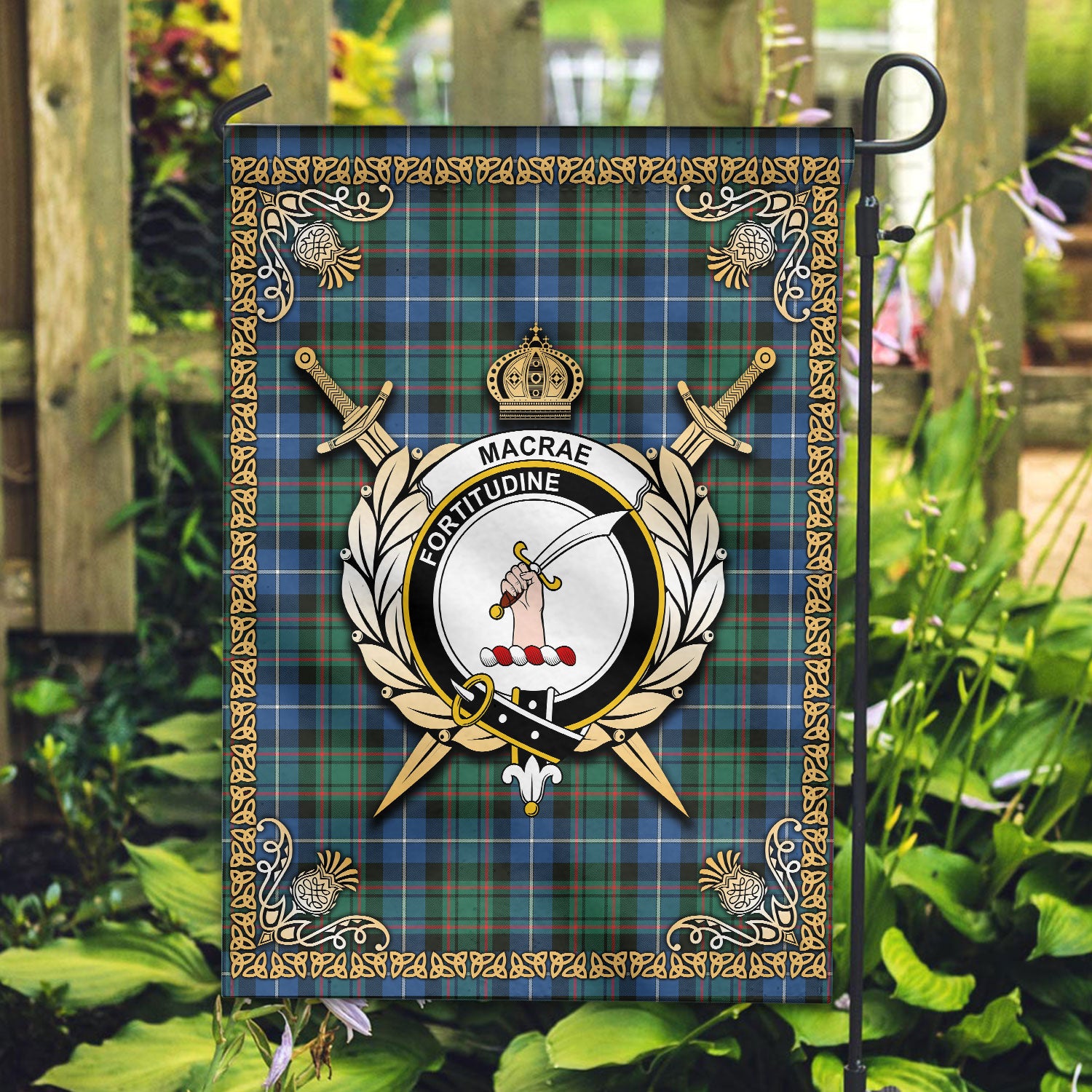 MacRae Hunting Ancient Tartan Crest Garden Flag - Celtic Thistle Style