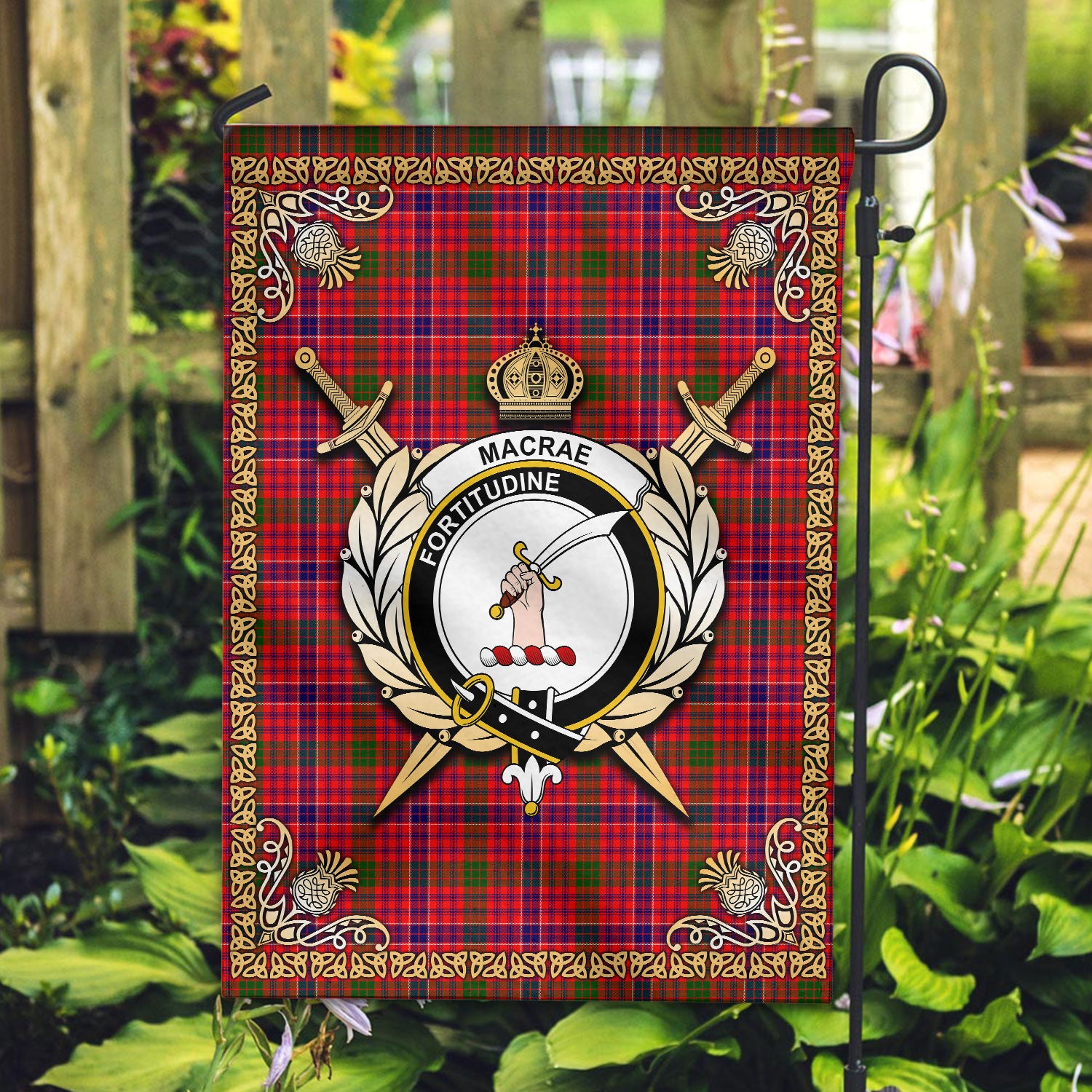 MacRae Modern Tartan Crest Garden Flag - Celtic Thistle Style