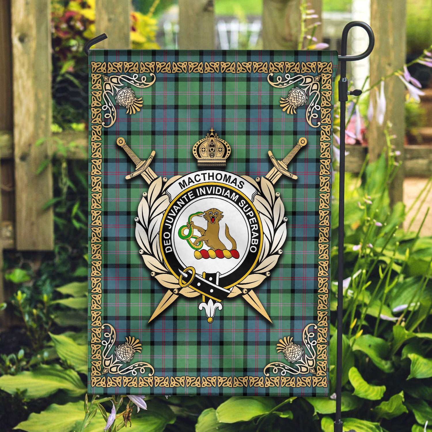 MacThomas Ancient Tartan Crest Garden Flag - Celtic Thistle Style