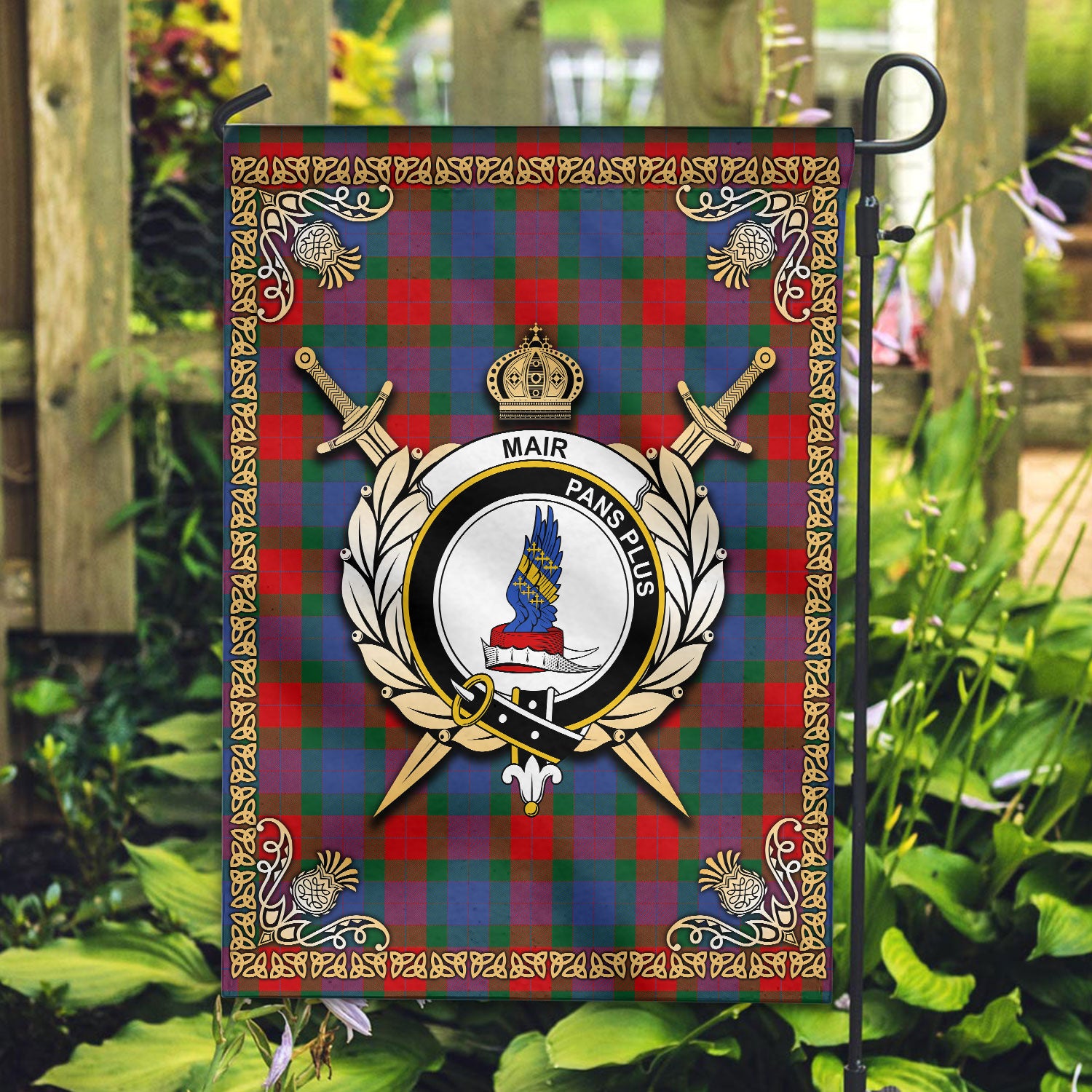 Mar Tartan Crest Garden Flag - Celtic Thistle Style