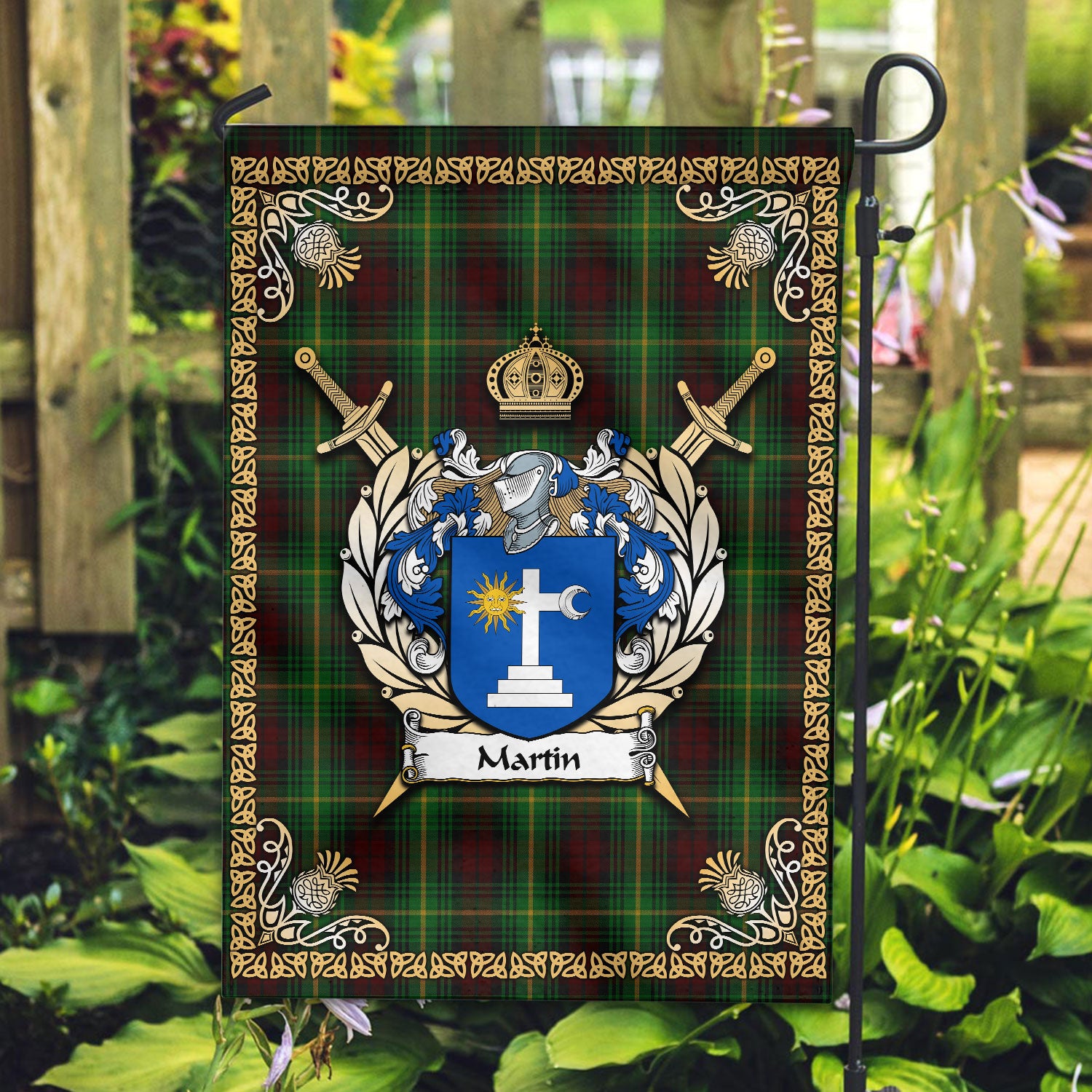 Martin Tartan Crest Garden Flag - Celtic Thistle Style
