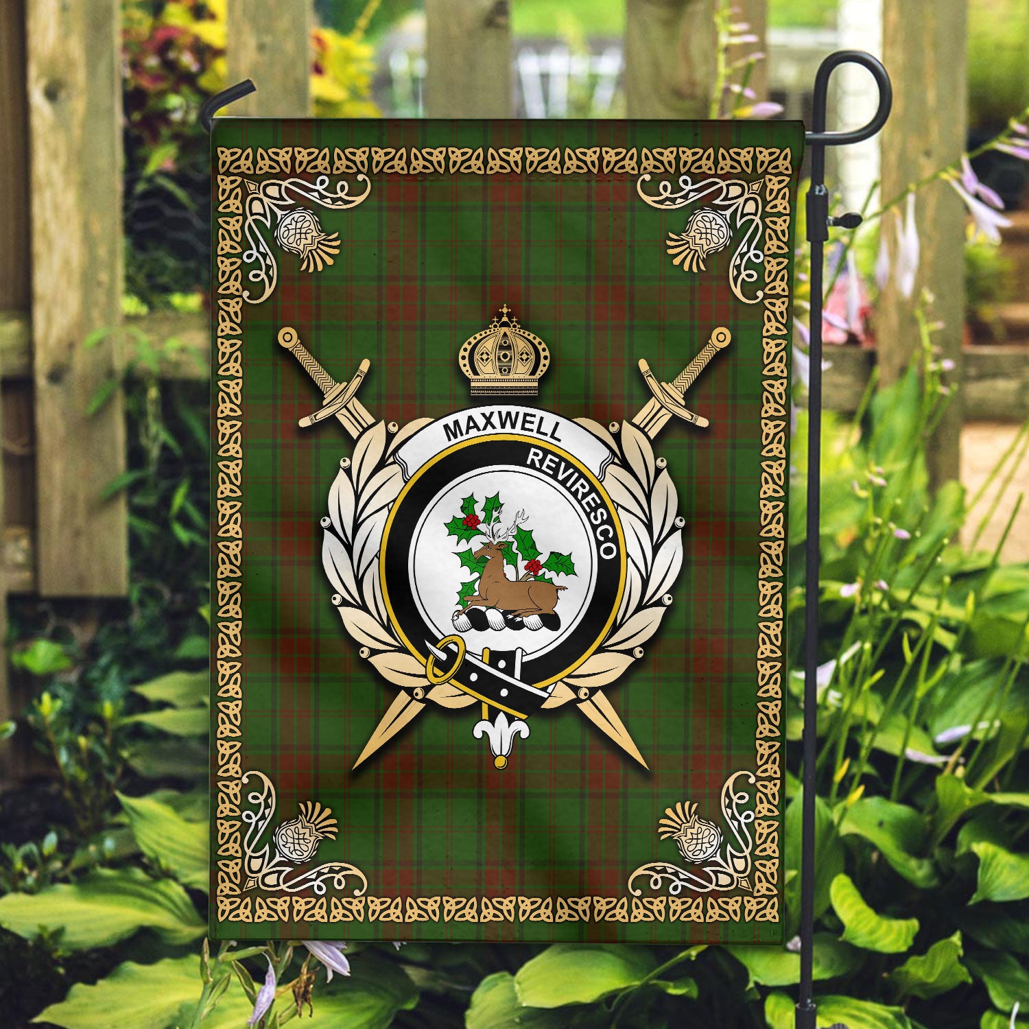 Maxwell Hunting Tartan Crest Garden Flag - Celtic Thistle Style