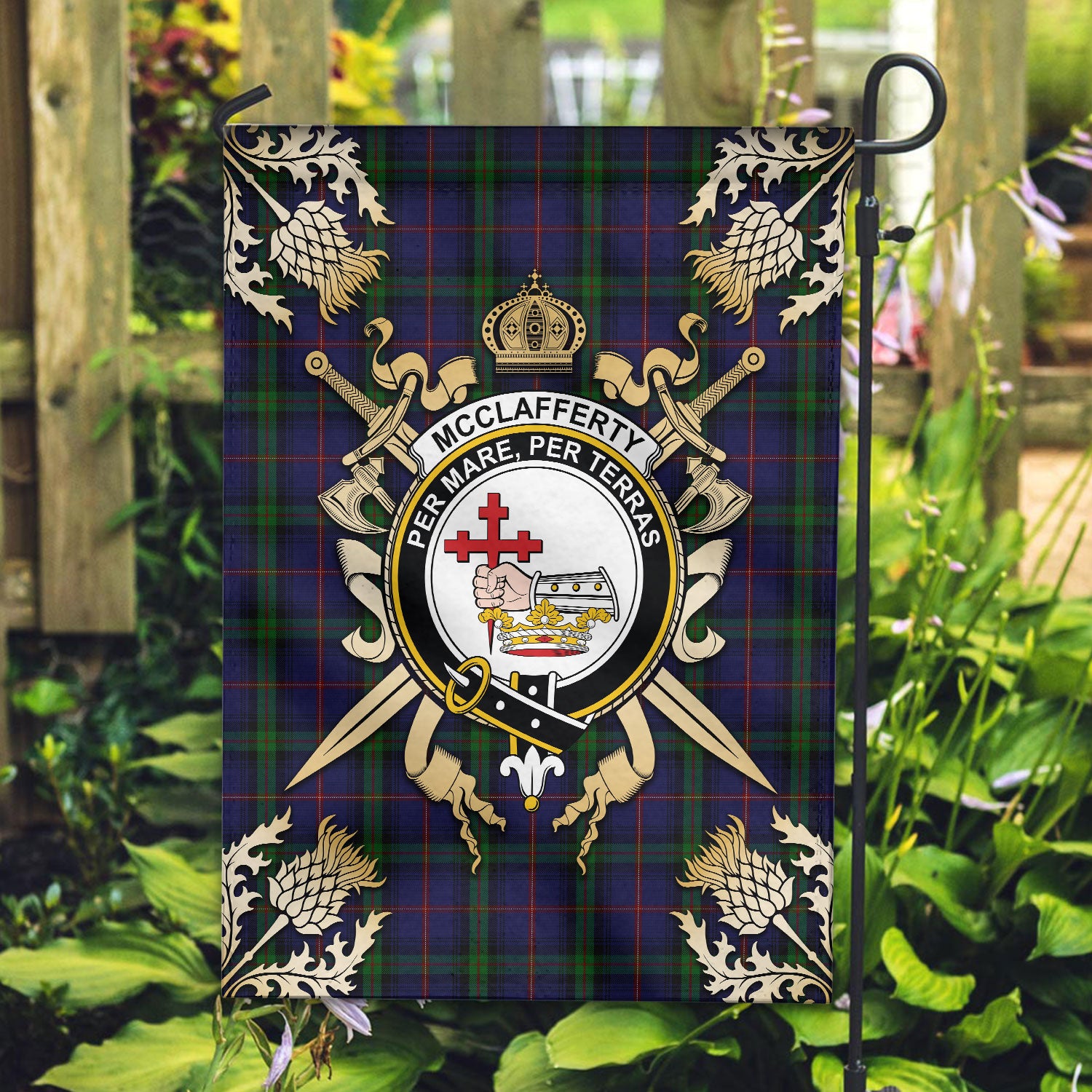 McClafferty Tartan Crest Black Garden Flag - Gold Thistle Style