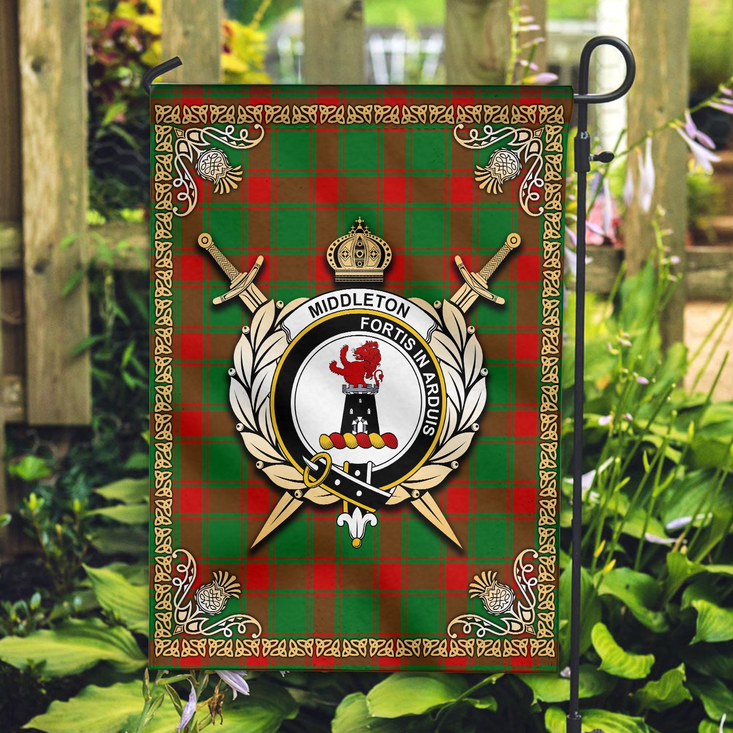 Middleton Modern Tartan Crest Garden Flag - Celtic Thistle Style