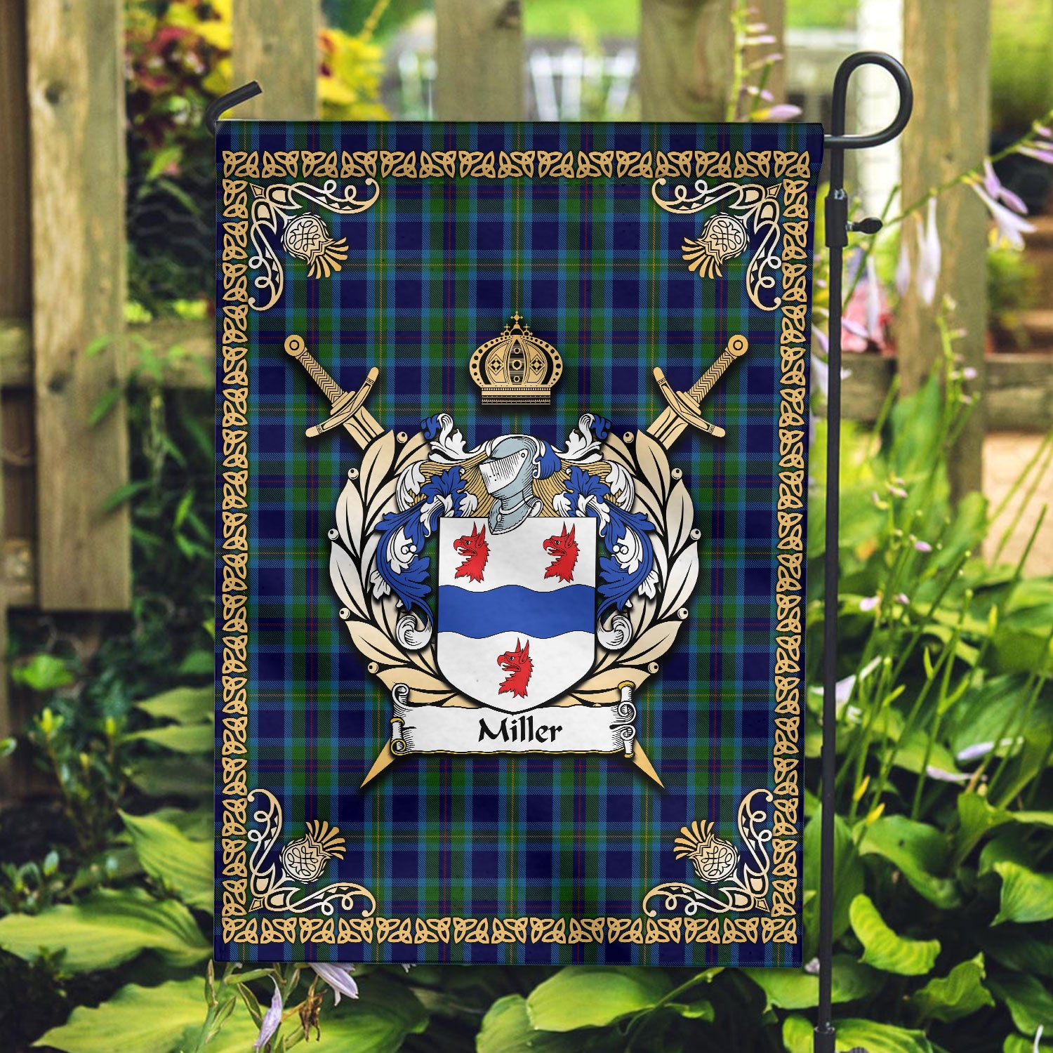 Miller Tartan Crest Garden Flag - Celtic Thistle Style
