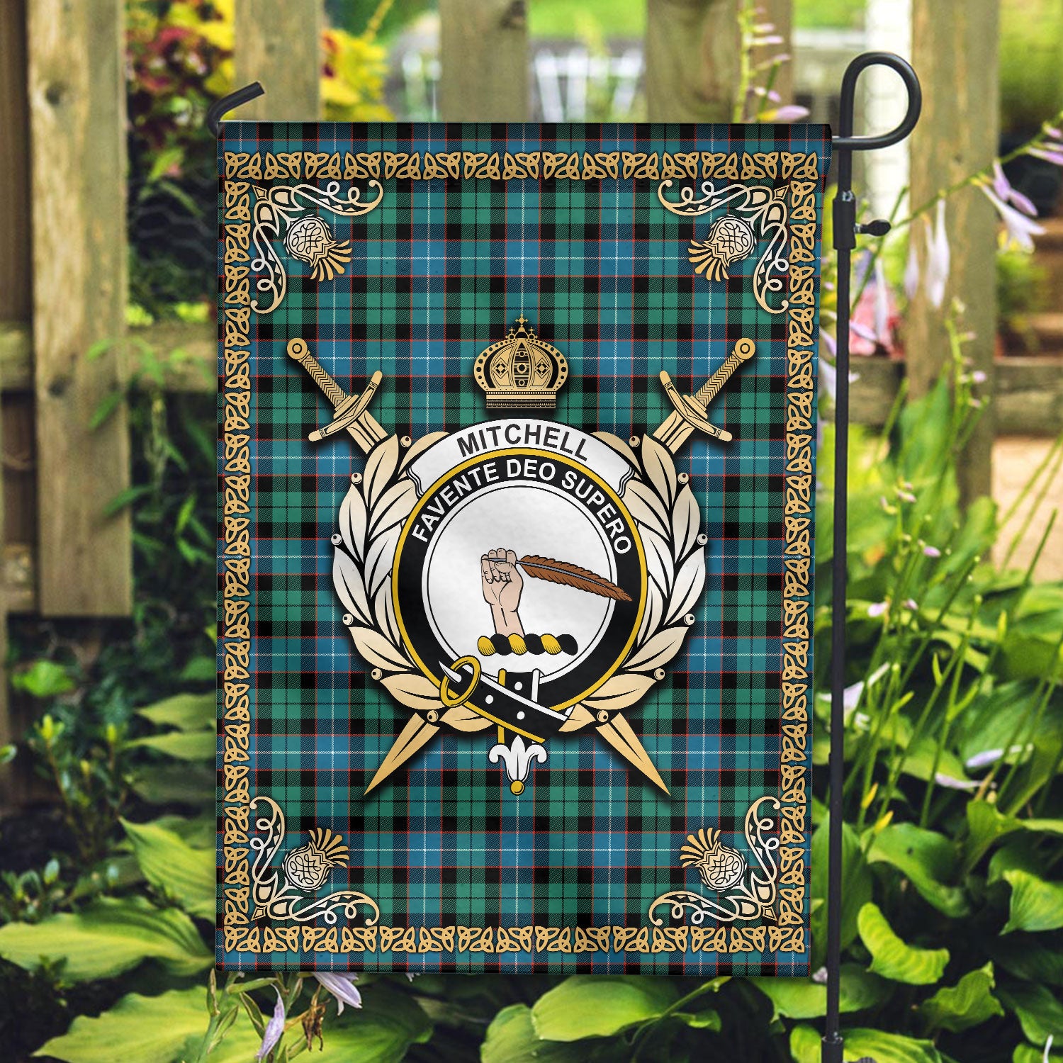 Mitchell Ancient Tartan Crest Garden Flag - Celtic Thistle Style