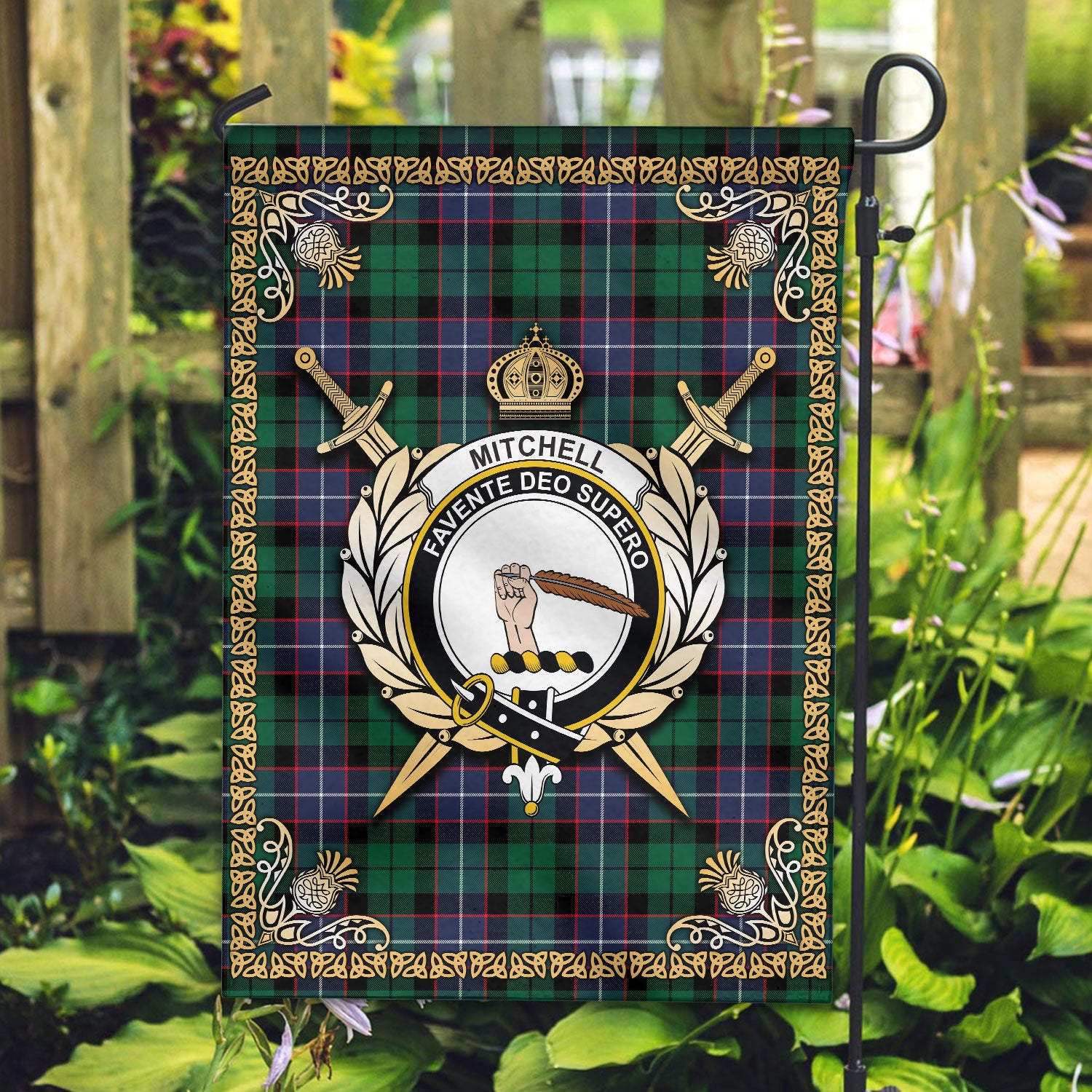 Mitchell Modern Tartan Crest Garden Flag - Celtic Thistle Style
