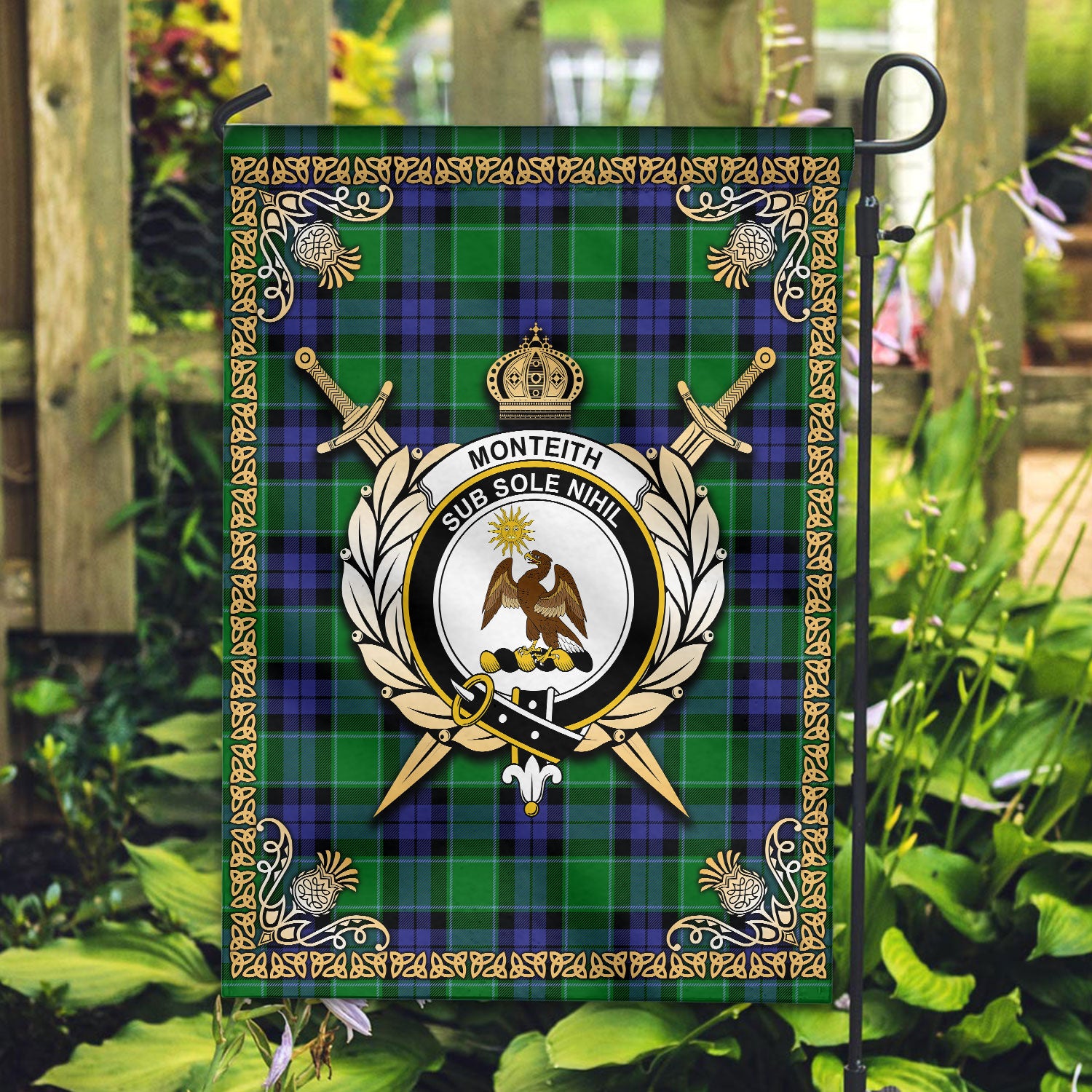 Monteith Tartan Crest Garden Flag - Celtic Thistle Style