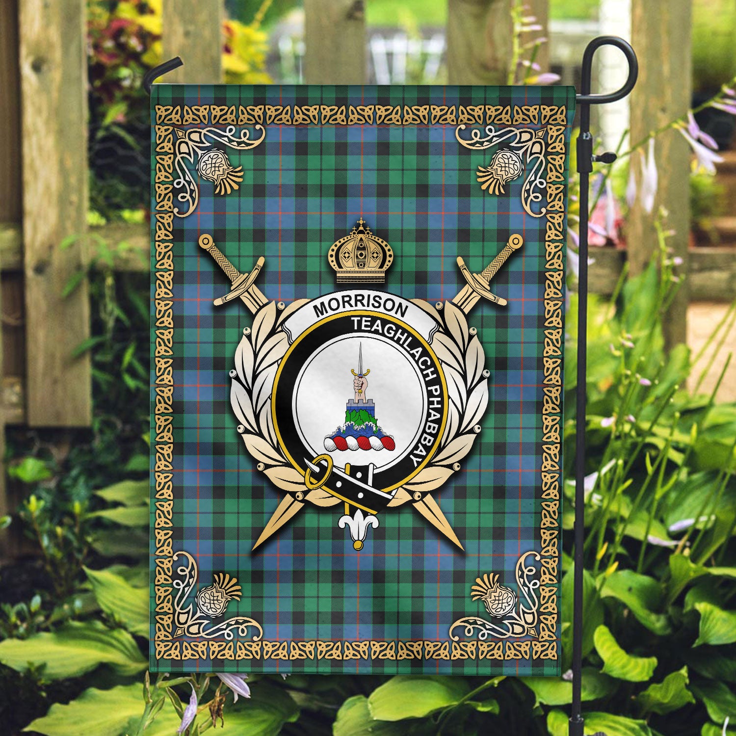Morrison Ancient Tartan Crest Garden Flag - Celtic Thistle Style
