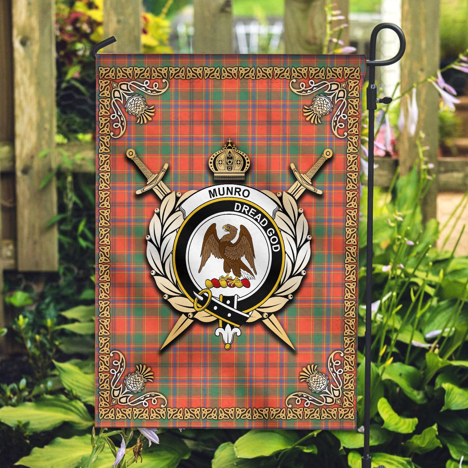 Munro Ancient Tartan Crest Garden Flag - Celtic Thistle Style