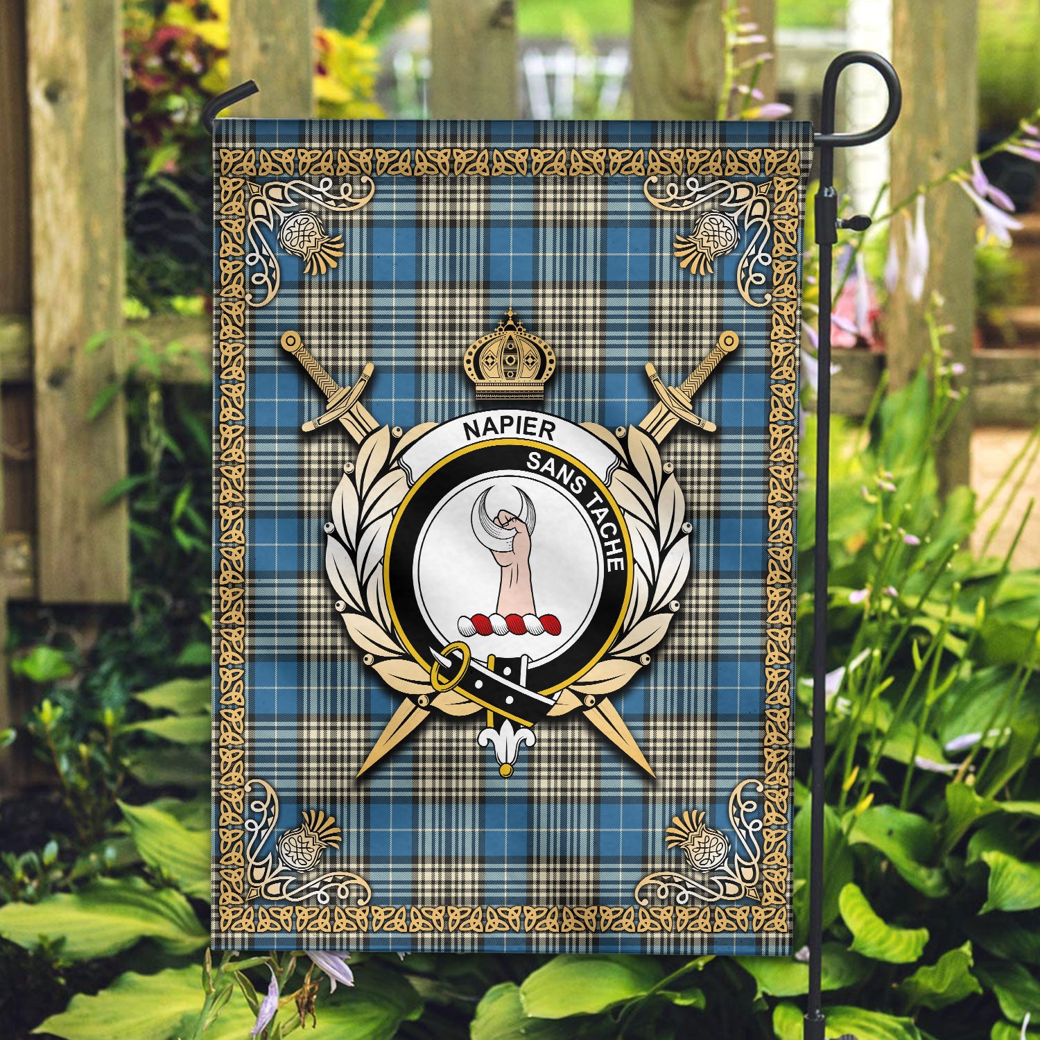 Napier Ancient Tartan Crest Garden Flag - Celtic Thistle Style