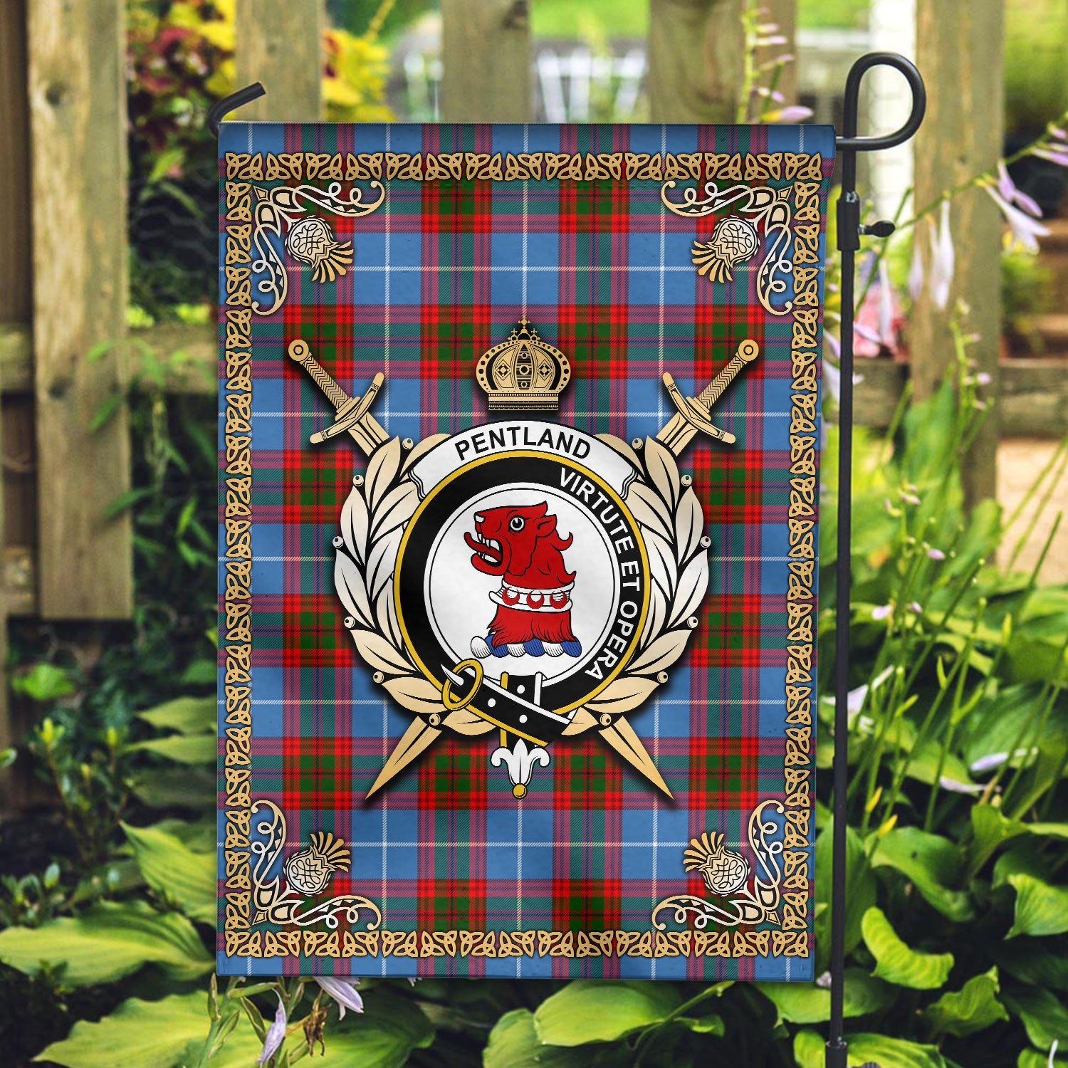 Pentland Tartan Crest Garden Flag - Celtic Thistle Style