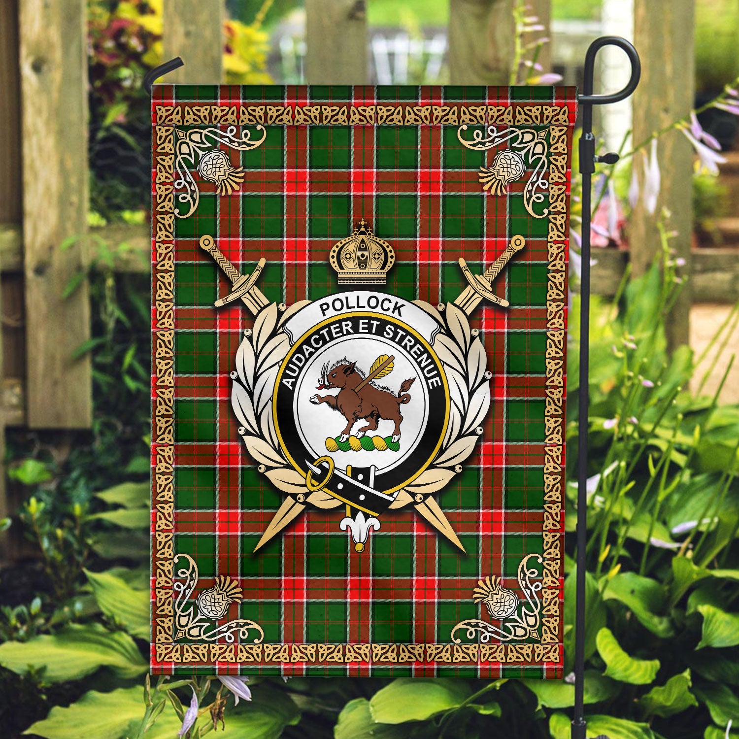 Pollock Tartan Crest Garden Flag - Celtic Thistle Style