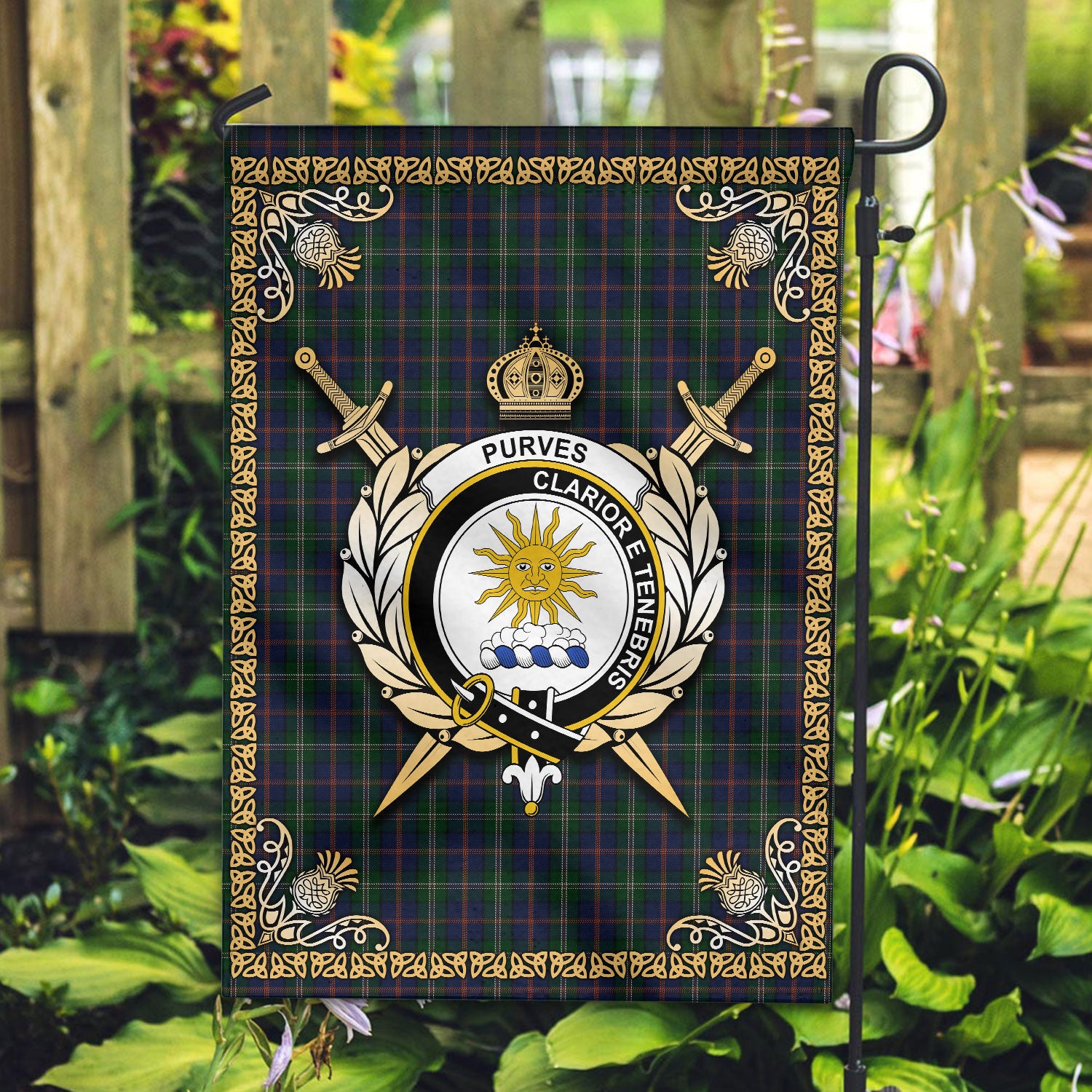 Purves Tartan Crest Garden Flag - Celtic Thistle Style