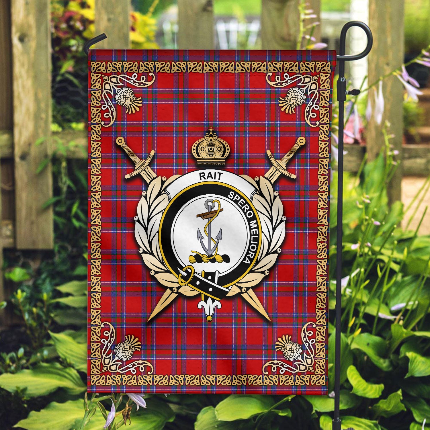 Rait Tartan Crest Garden Flag - Celtic Thistle Style