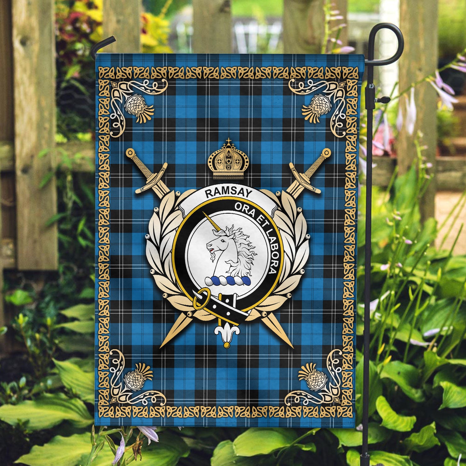 Ramsay Blue Ancient Tartan Crest Garden Flag - Celtic Thistle Style