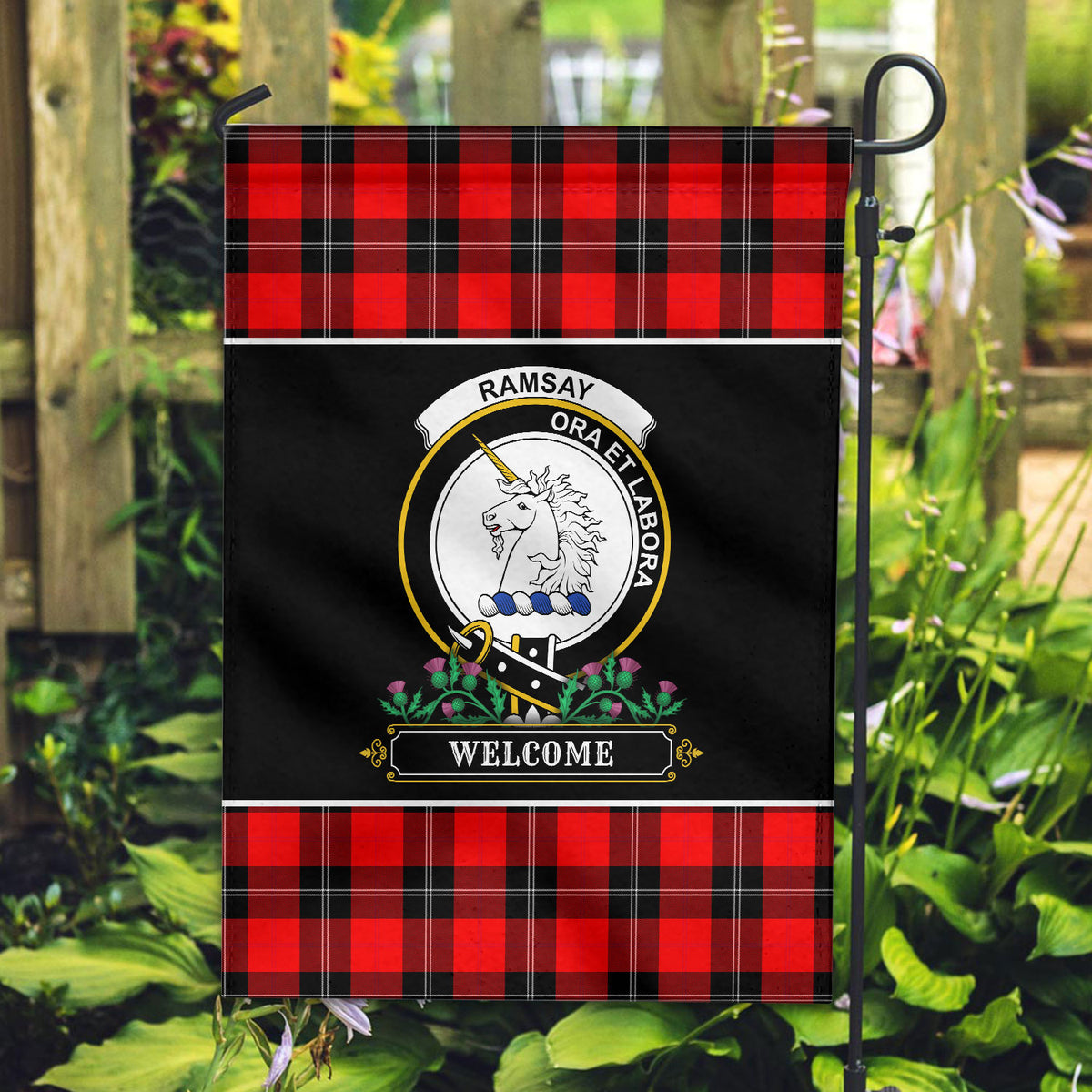 Ramsay Modern Tartan Crest Garden Flag - Welcome Style