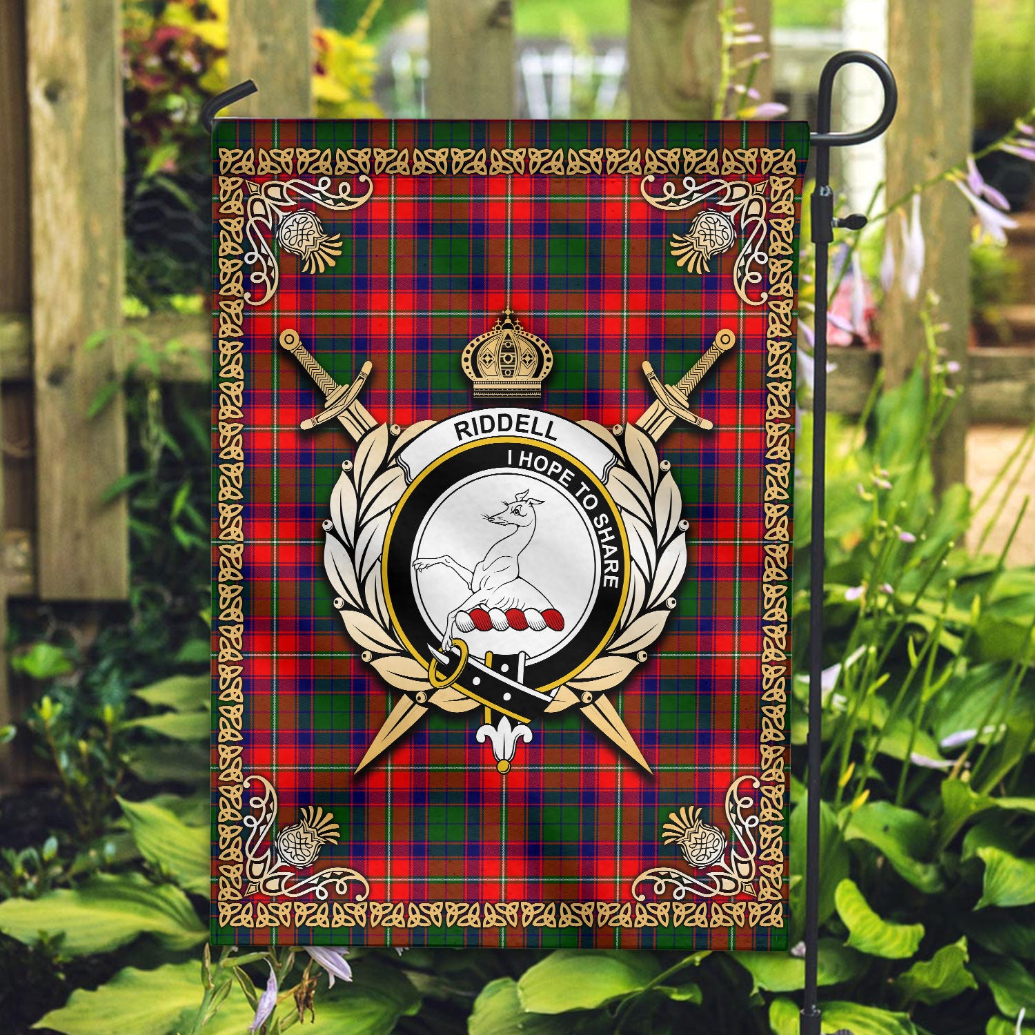 Riddell Tartan Crest Garden Flag - Celtic Thistle Style