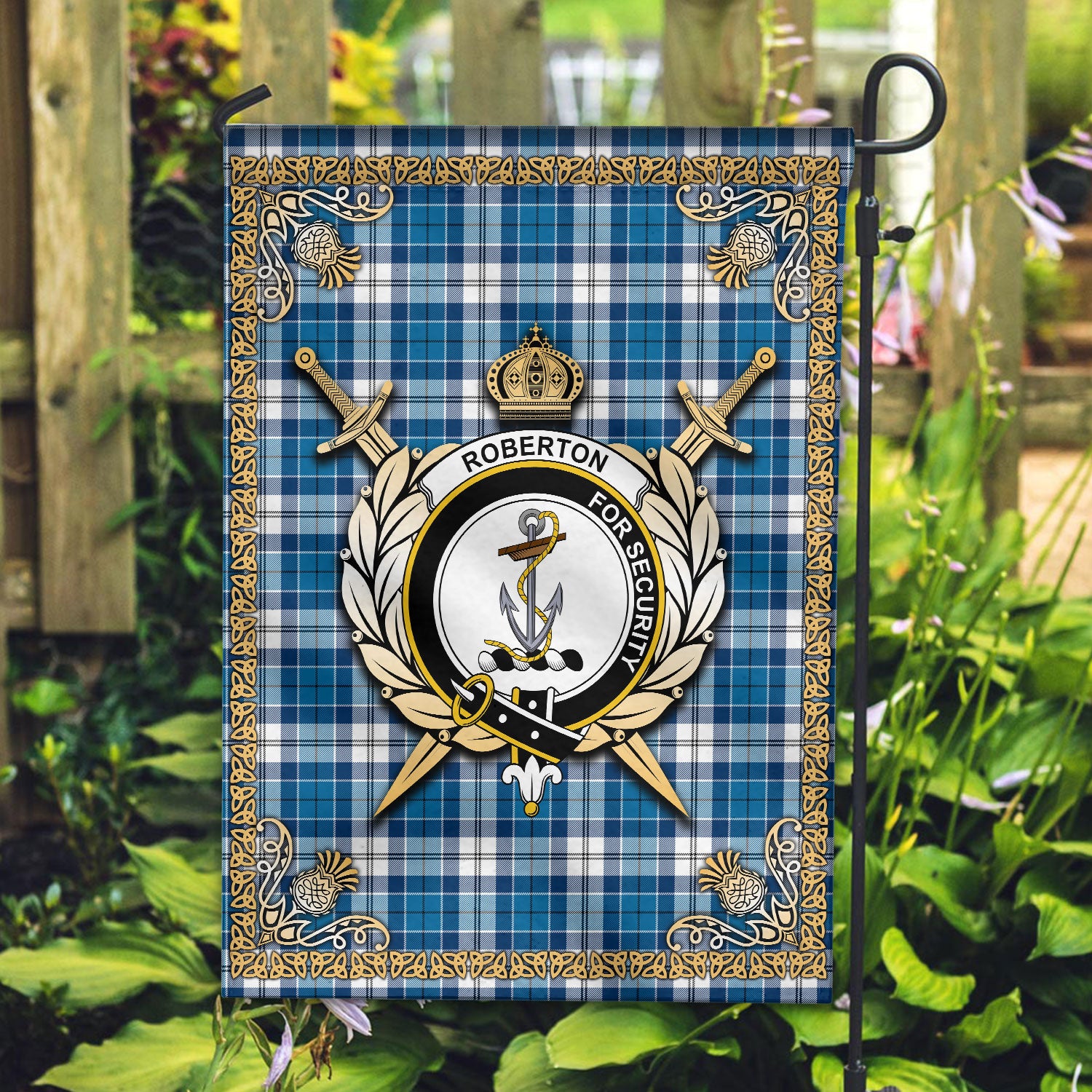 Roberton Tartan Crest Garden Flag - Celtic Thistle Style