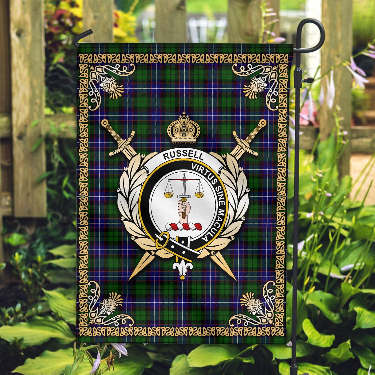 Russell Modern Tartan Crest Garden Flag - Celtic Thistle Style