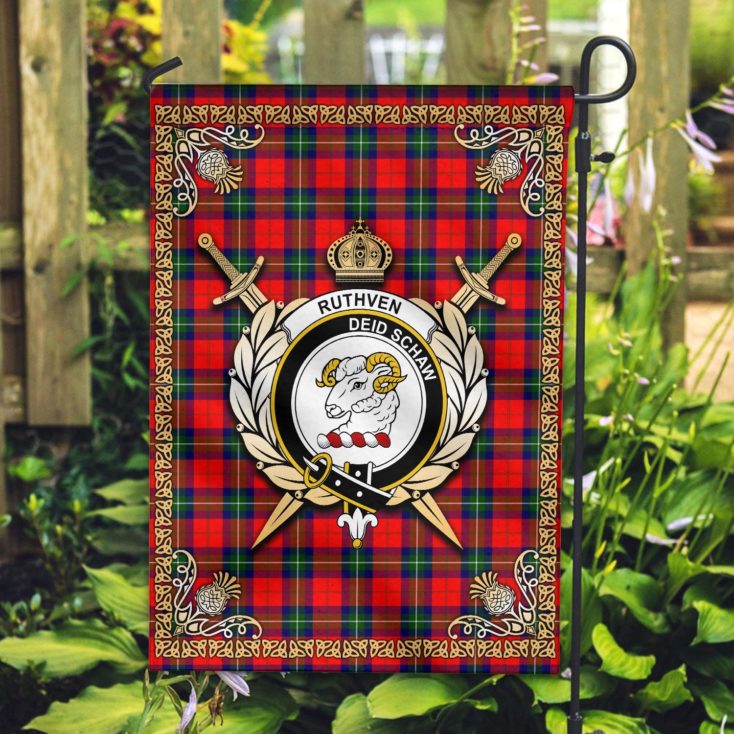 Ruthven Modern Tartan Crest Garden Flag - Celtic Thistle Style