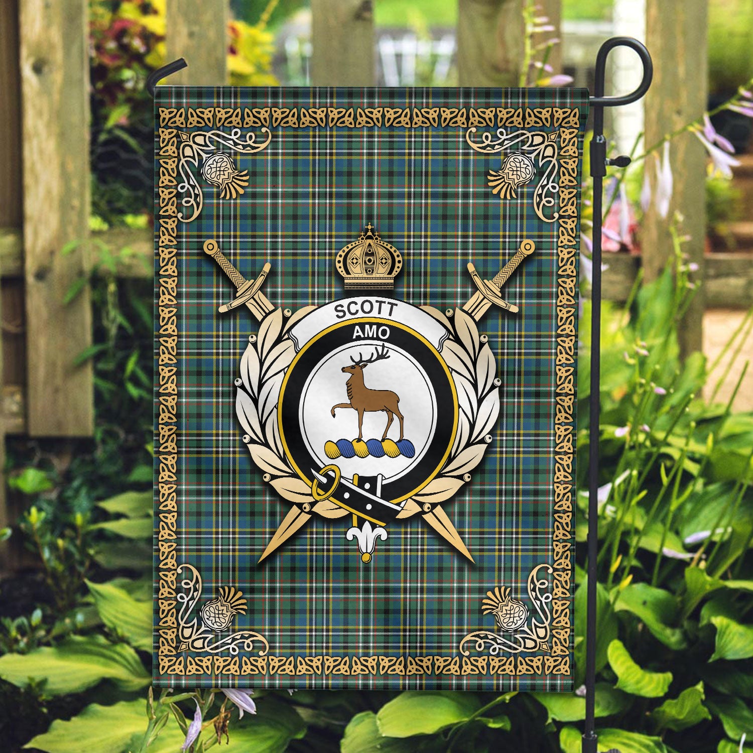 Scott Green Ancient Tartan Crest Garden Flag - Celtic Thistle Style
