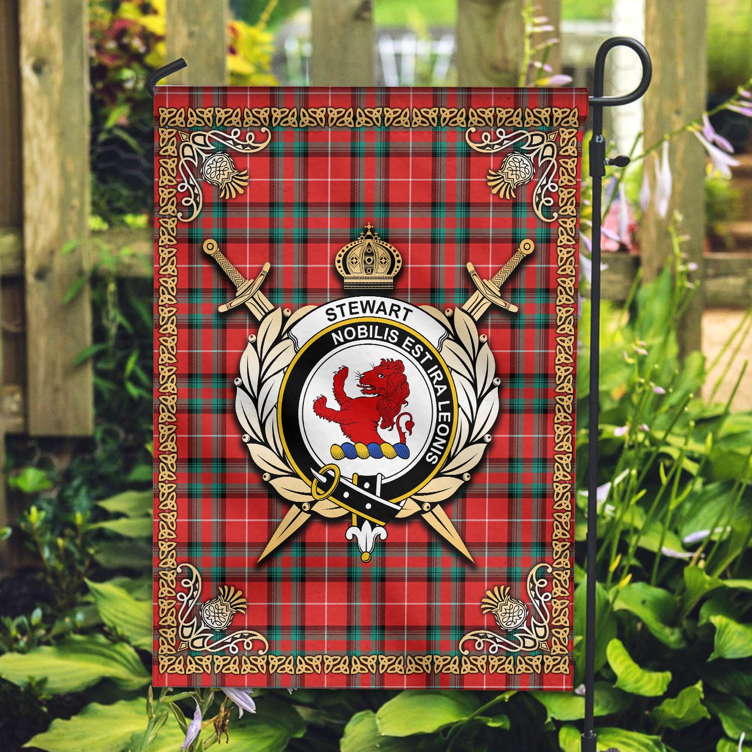 Stewart (Stuart) of Bute Tartan Crest Garden Flag - Celtic Thistle Style