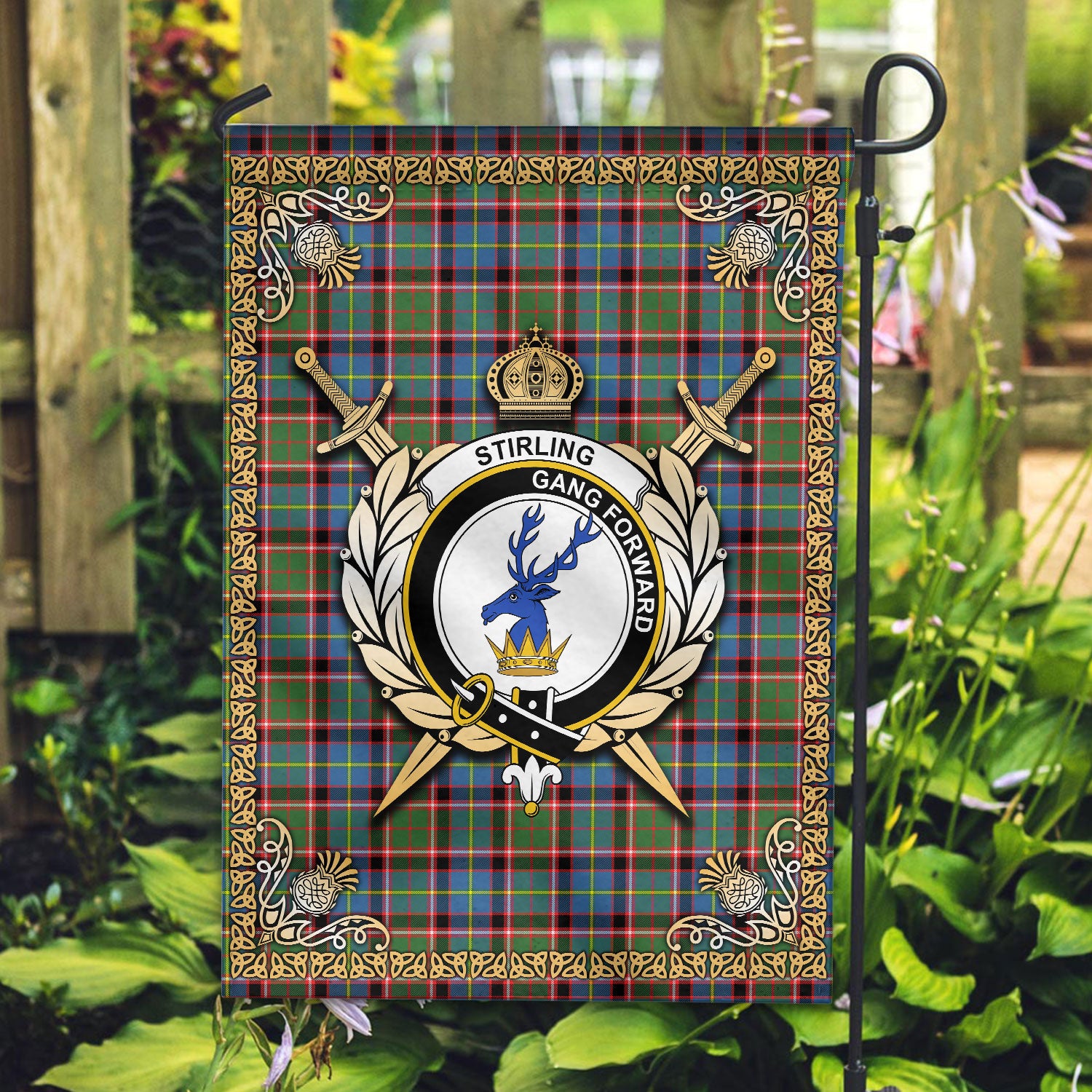 Stirling (of Cadder-Present Chief) Tartan Crest Garden Flag - Celtic Thistle Style