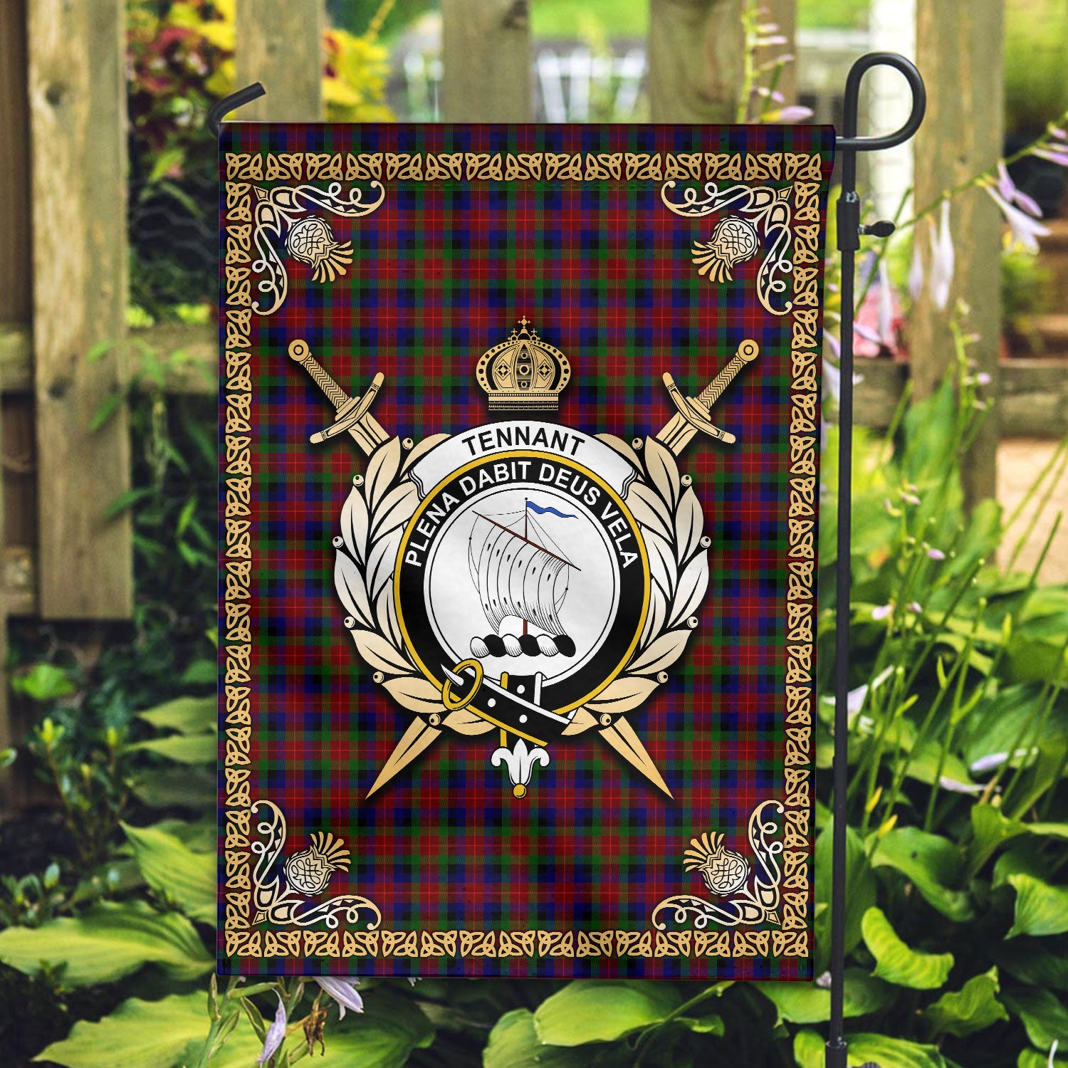 Tennant Tartan Crest Garden Flag - Celtic Thistle Style