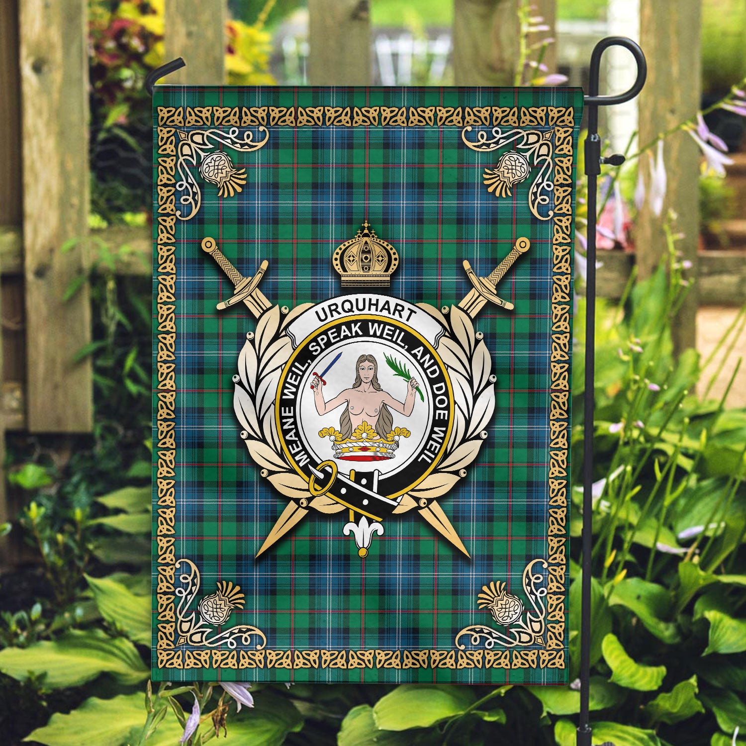 Urquhart Ancient Tartan Crest Garden Flag - Celtic Thistle Style