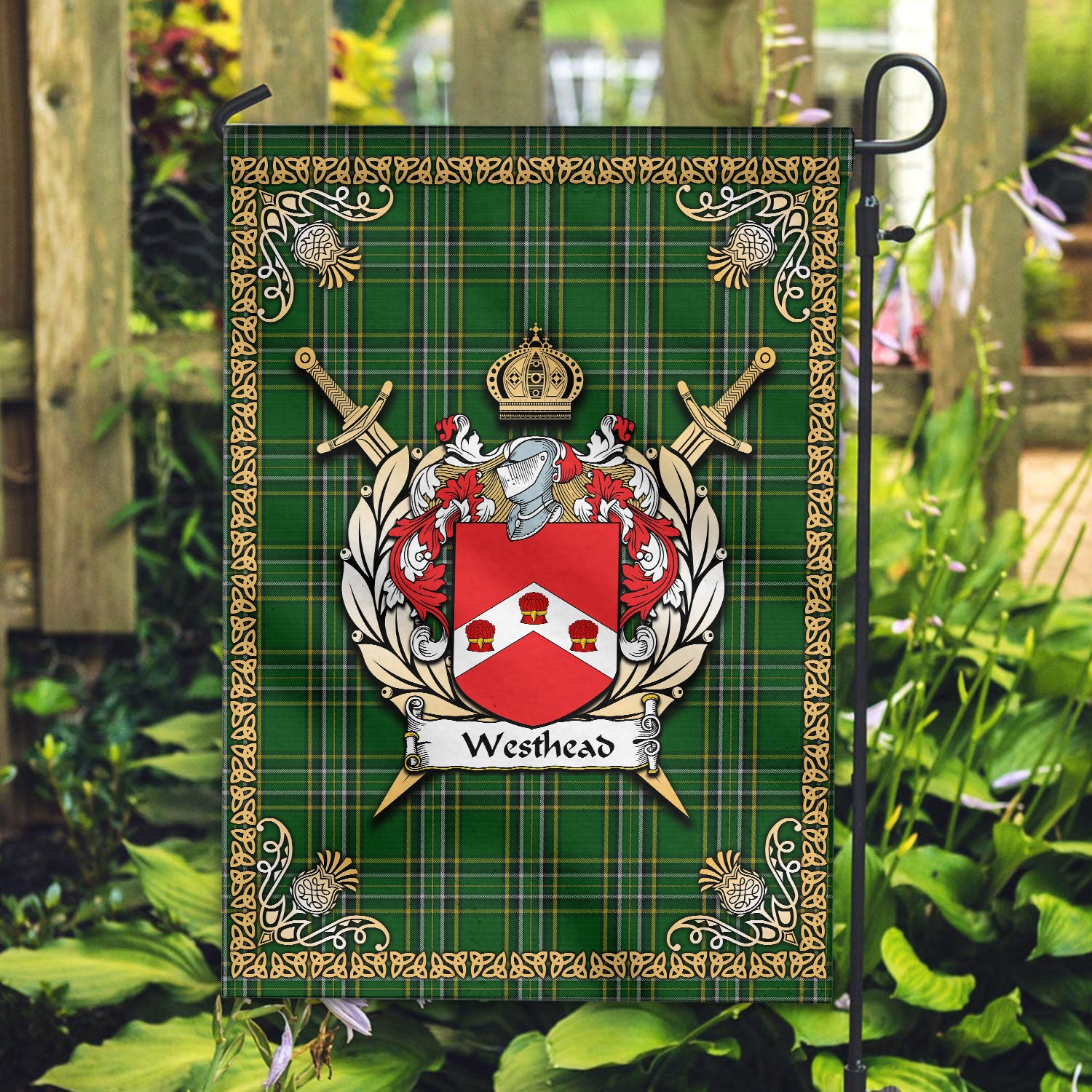 Westhead Tartan Crest Garden Flag - Celtic Thistle Style