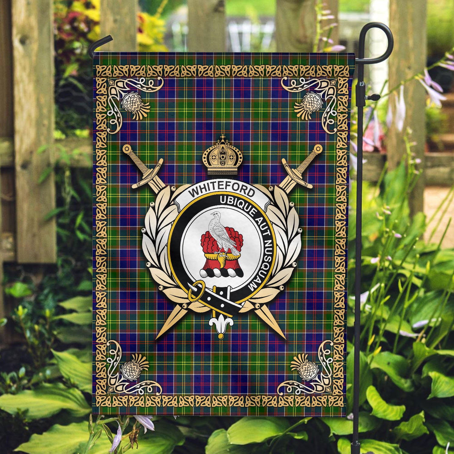 Whiteford Tartan Crest Garden Flag - Celtic Thistle Style