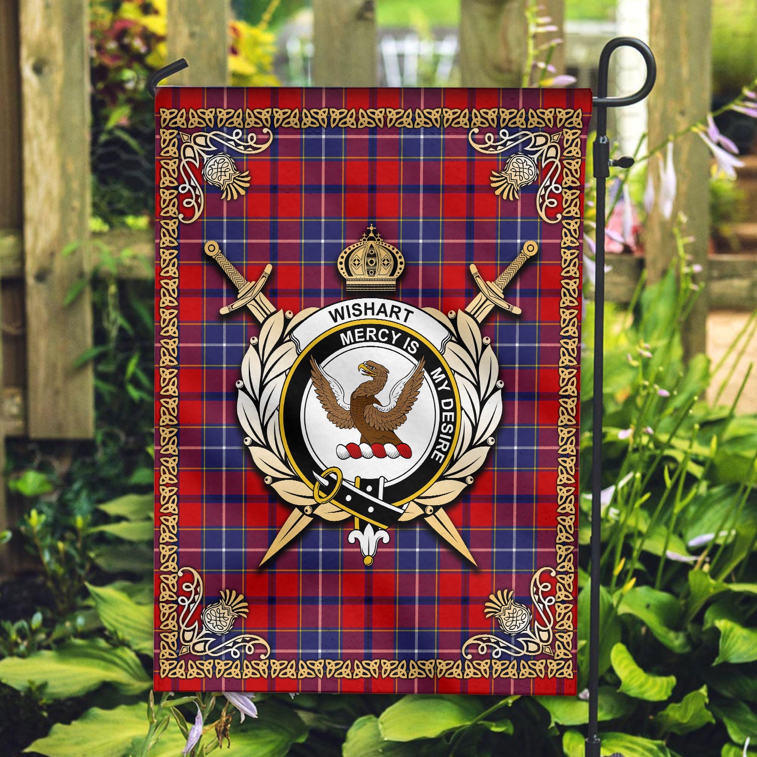Wishart Dress Tartan Crest Garden Flag - Celtic Thistle Style