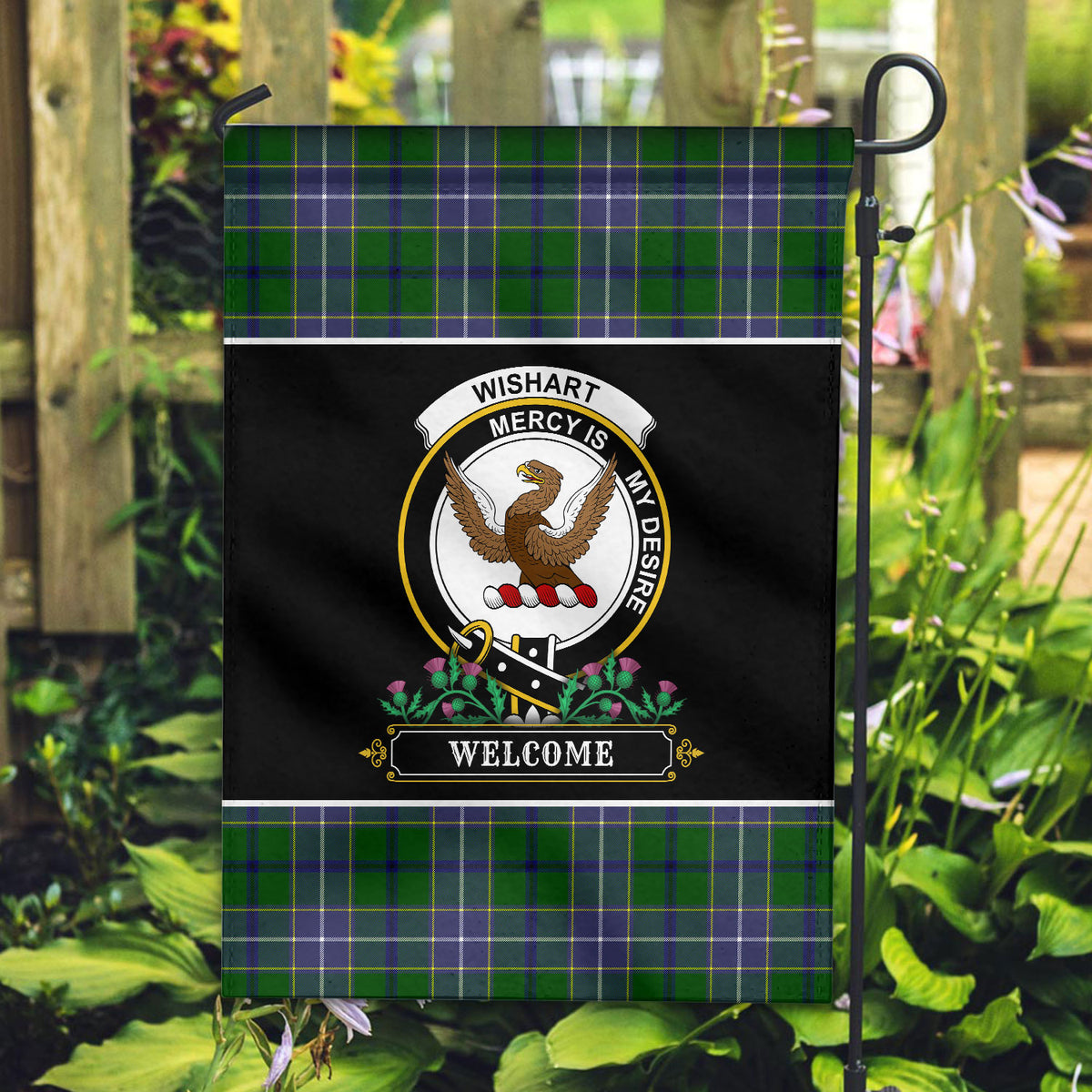 Wishart Hunting Tartan Crest Garden Flag - Welcome Style