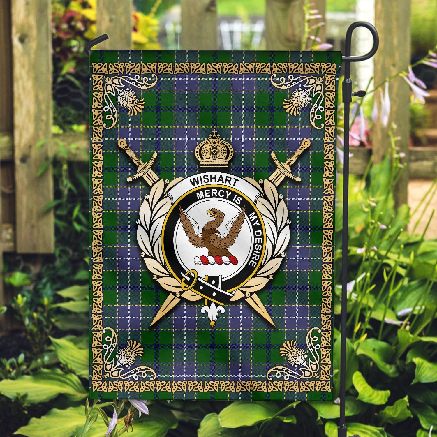 Wishart Hunting Tartan Crest Garden Flag - Celtic Thistle Style