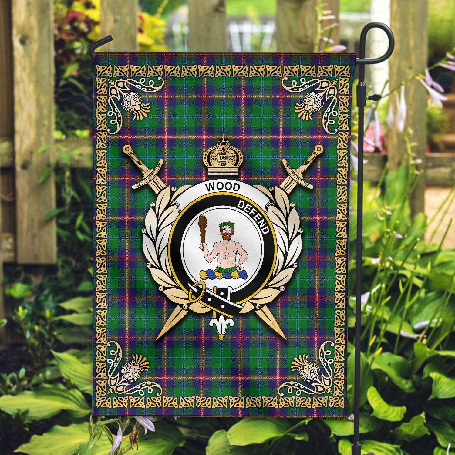 Young Modern Tartan Crest Garden Flag - Celtic Thistle Style