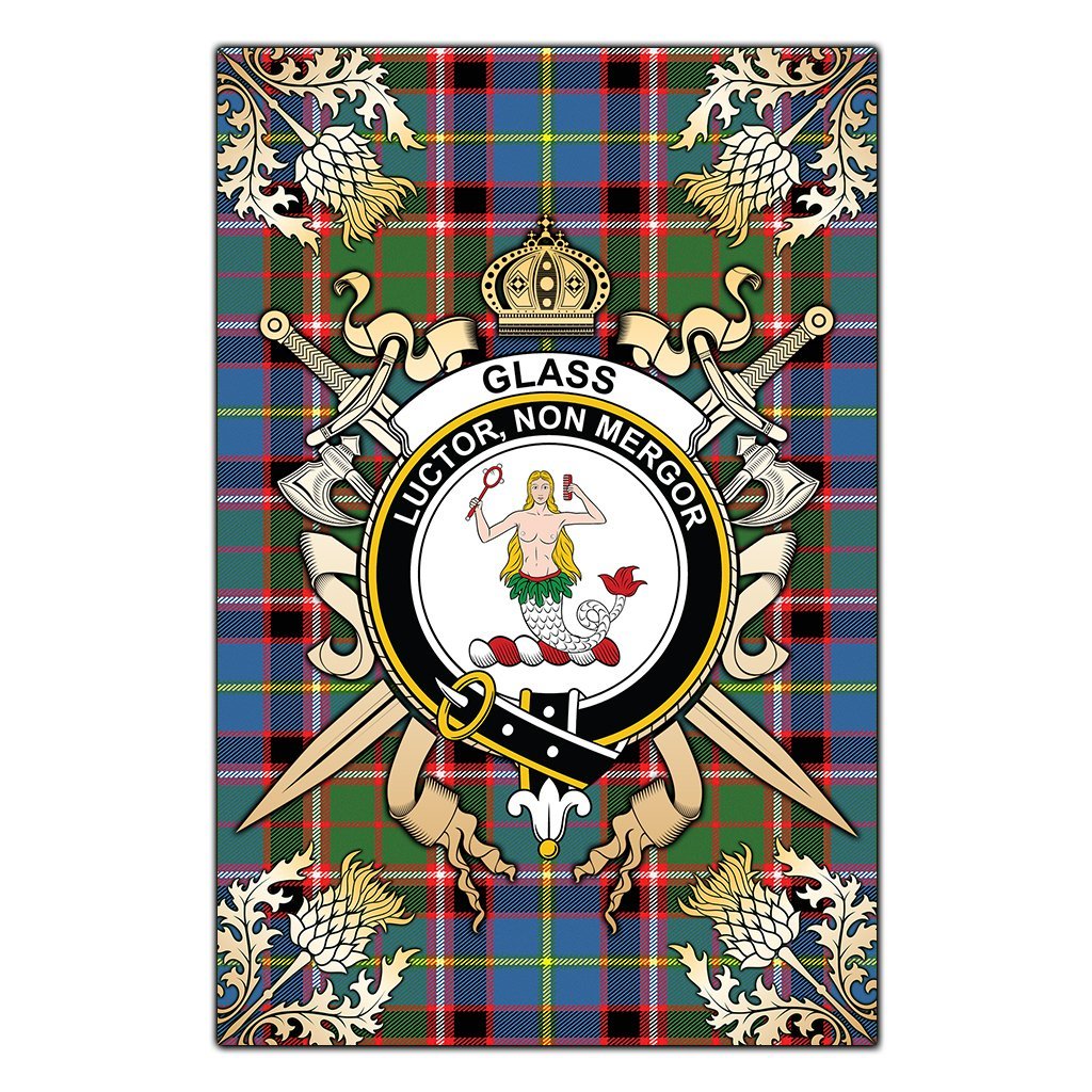 Glass Tartan Crest Black Garden Flag - Gold Thistle Style