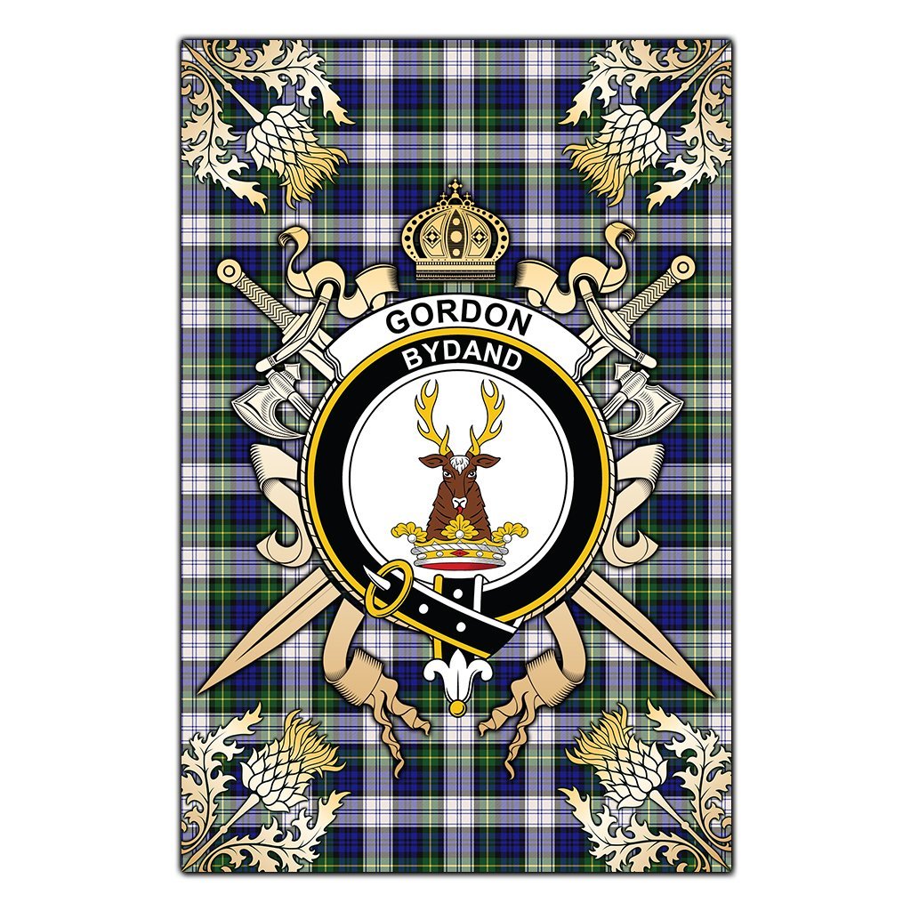 Gordon Dress Modern Tartan Crest Black Garden Flag - Gold Thistle Style