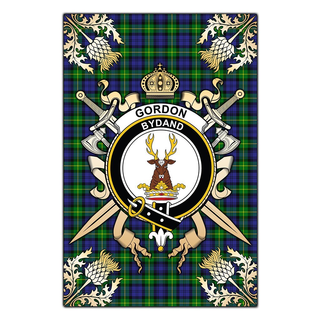 Gordon Modern Tartan Crest Black Garden Flag - Gold Thistle Style