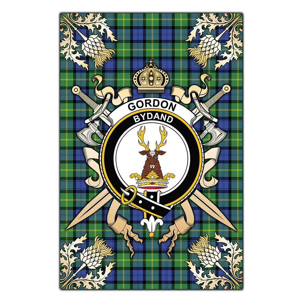 Gordon Old Ancient Tartan Crest Black Garden Flag - Gold Thistle Style