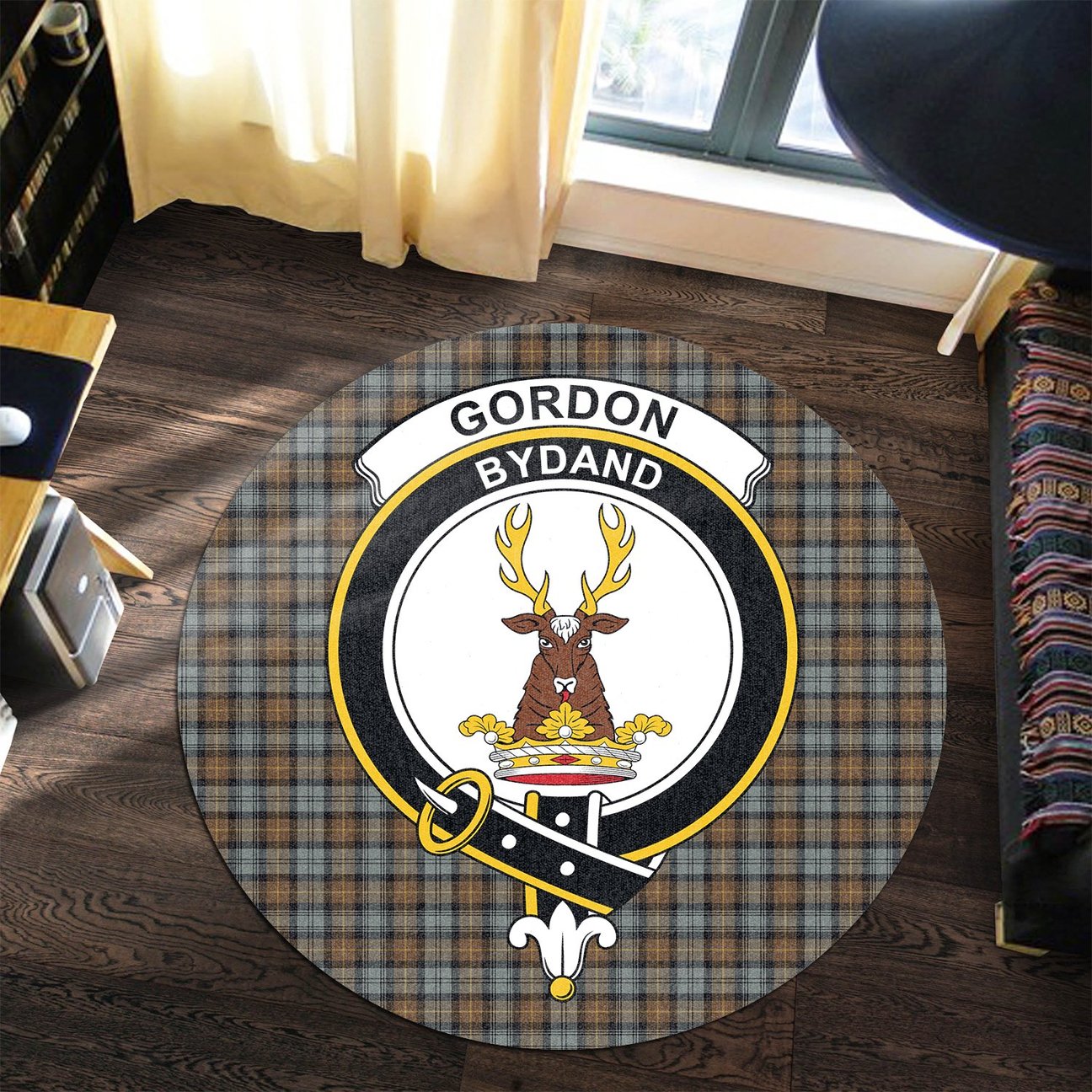 Gordon Weathered Tartan Crest Round Rug