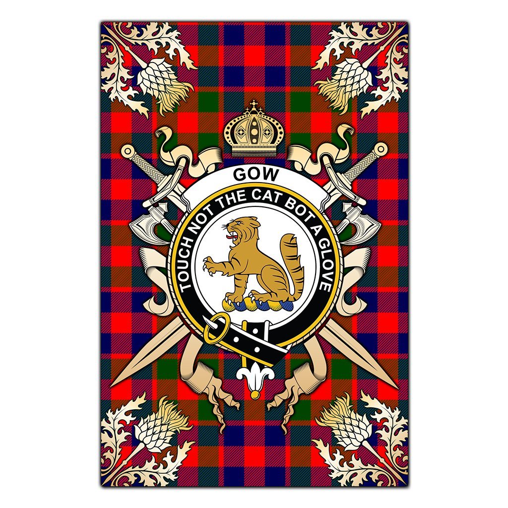 Gow of McGouan Tartan Crest Black Garden Flag - Gold Thistle Style