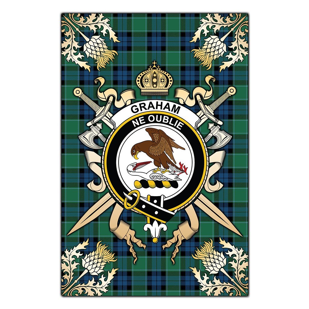 Graham of Menteith Ancient Tartan Crest Black Garden Flag - Gold Thistle Style
