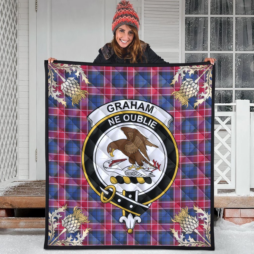 Graham of Menteith Red Tartan Crest Premium Quilt - Gold Thistle Style
