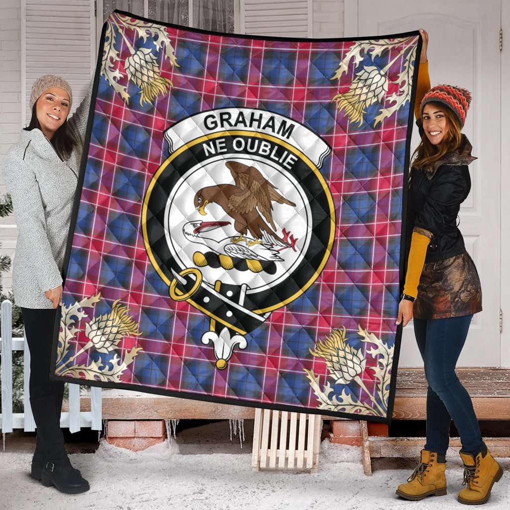 Graham of Menteith Red Tartan Crest Premium Quilt - Gold Thistle Style