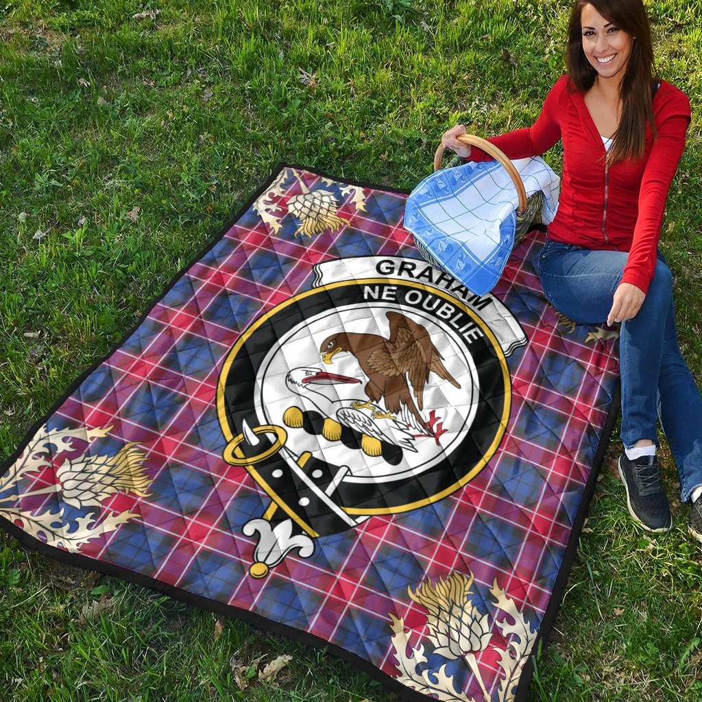 Graham of Menteith Red Tartan Crest Premium Quilt - Gold Thistle Style